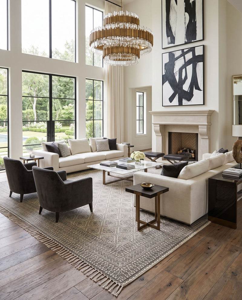 July JUY-2300 Hand Woven Rug as the centerpiece of a bright luxury living room — a hand woven traditional area rug in black and beige tones