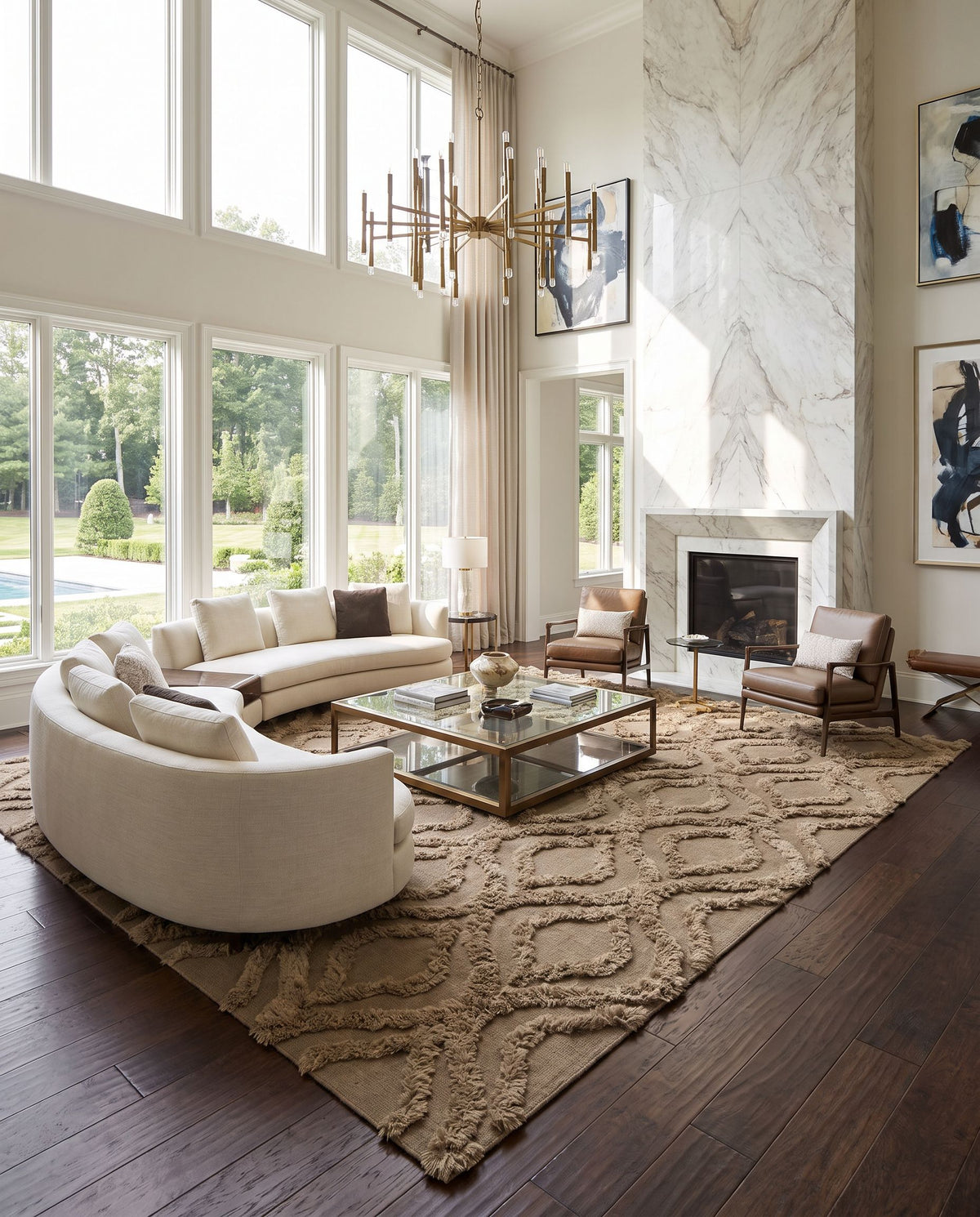 Kabru KAB-8014 Hand Woven Rug as the centerpiece of a bright luxury living room — a hand woven modern area rug in brown tones