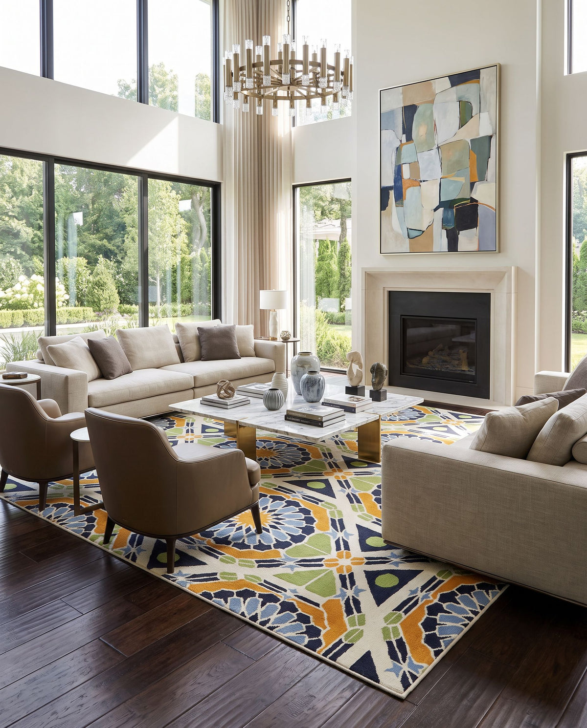 Kaleidoscope KAL-8002 Hand Knotted Rug as the centerpiece of a bright luxury living room — a hand knotted modern area rug in ivory, burnt orange, grass green and dark blue tones
