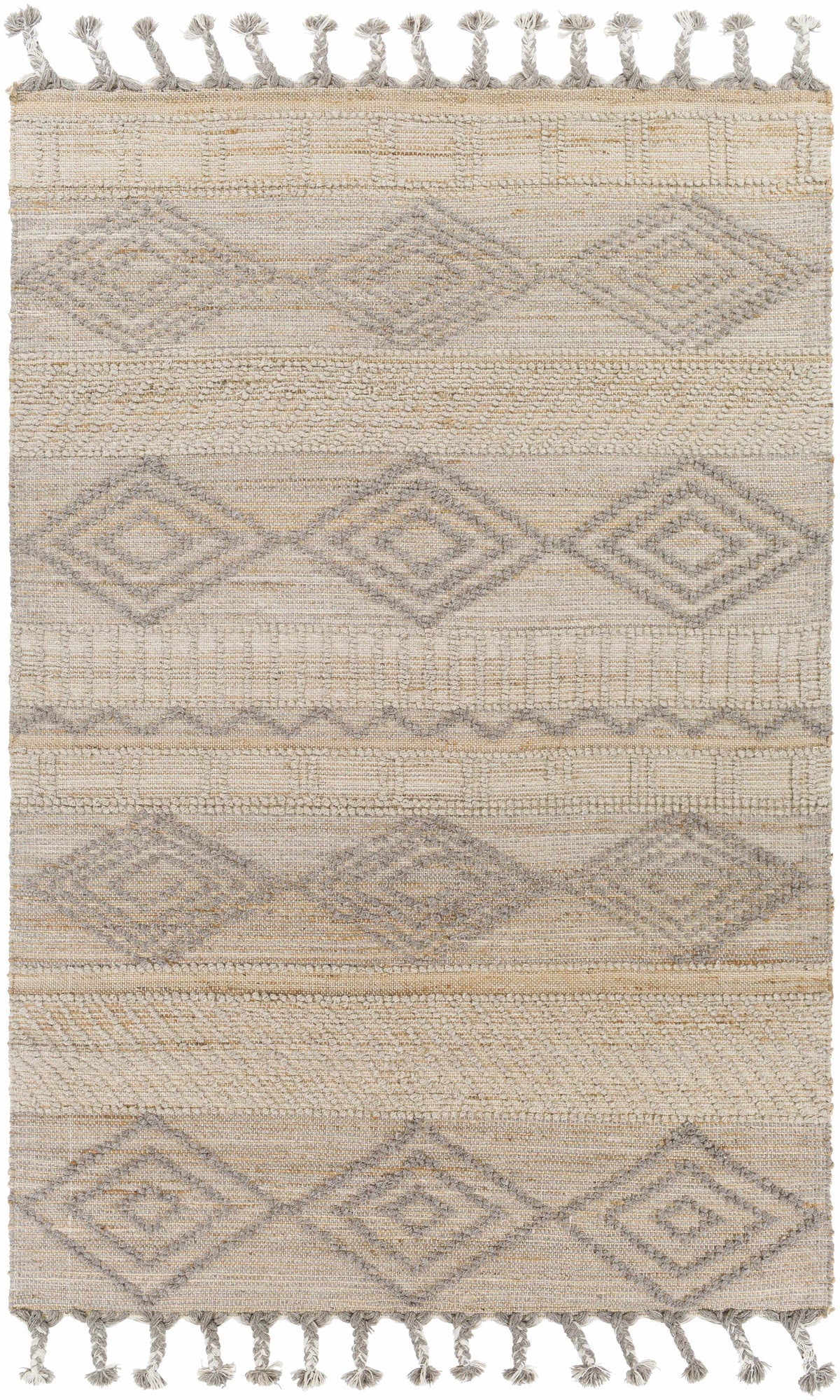 Tan Hand Woven 50% Jute, 50% Wool Global Rectangle Handmade rug, Indoor use only, has fringe, non-washable. runner also available