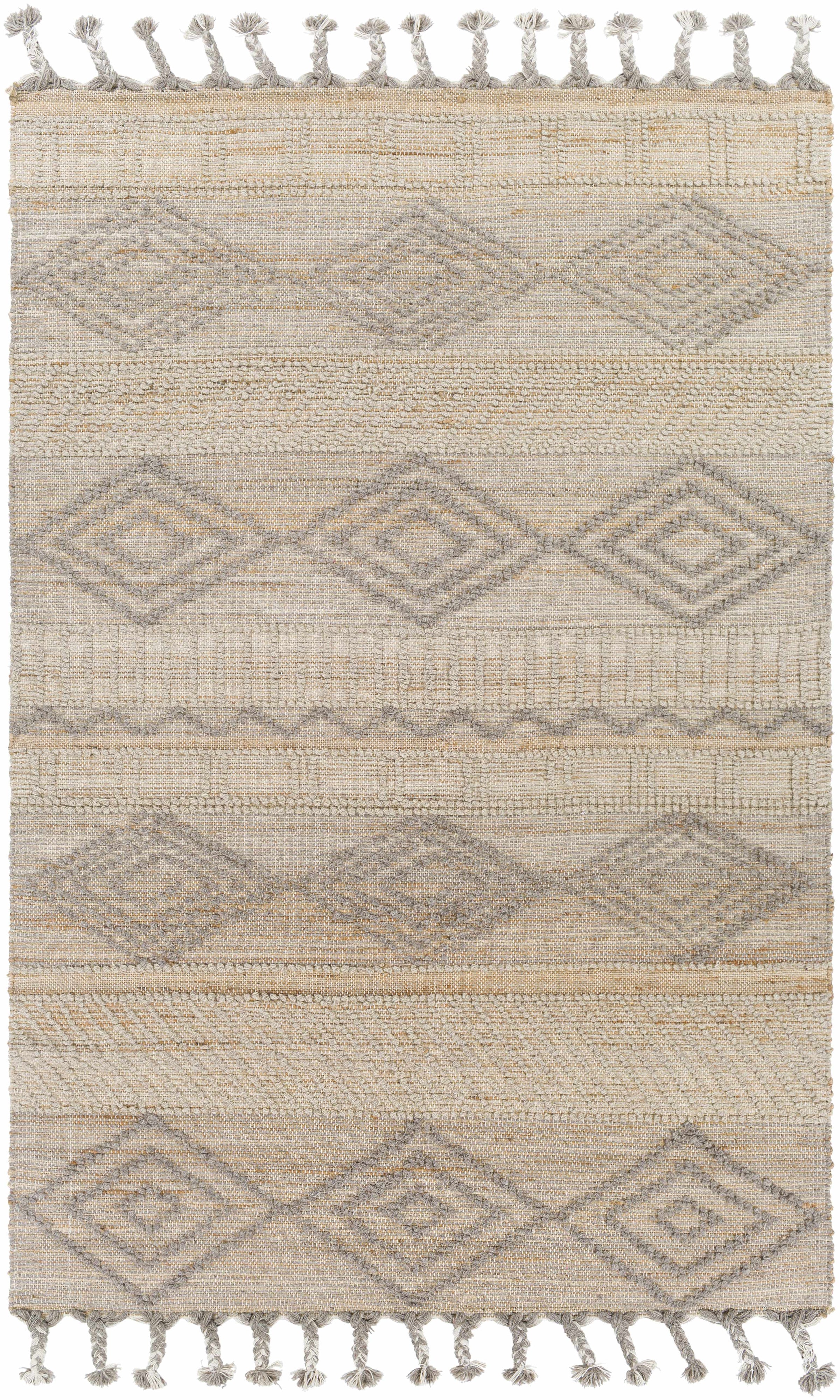 Tan Hand Woven 50% Jute, 50% Wool Global Rectangle Handmade rug, Indoor use only, has fringe, non-washable. runner also available
