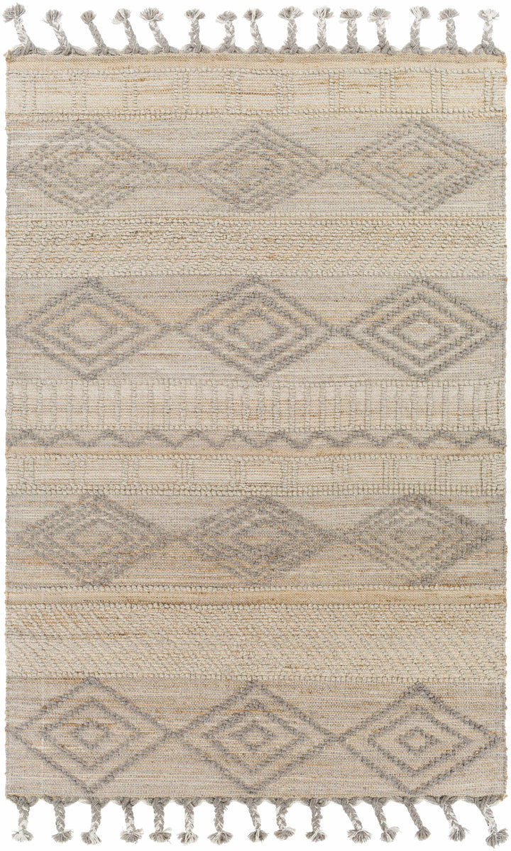 Tan Hand Woven 50% Jute, 50% Wool Global Rectangle Handmade rug, Indoor use only, has fringe, non-washable. runner also available