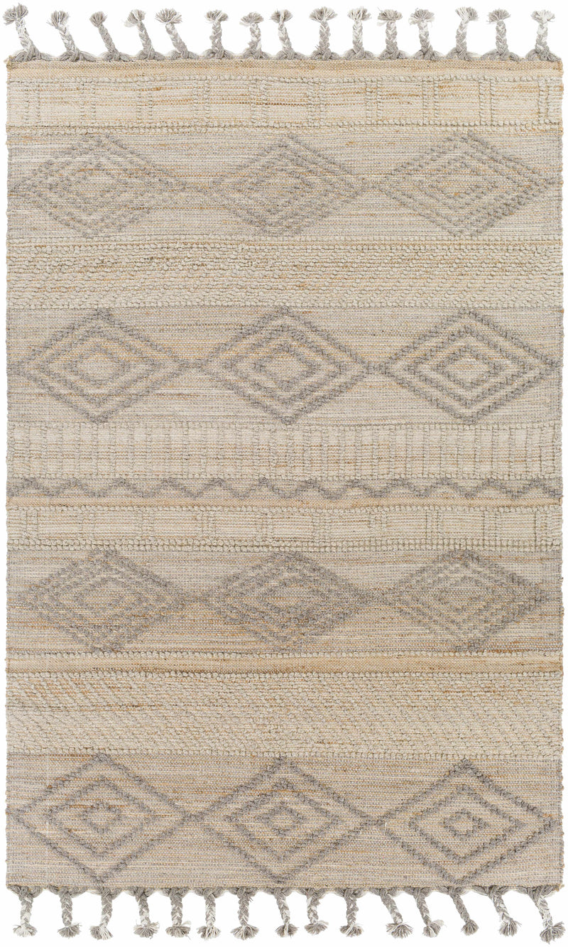 Tan Hand Woven 50% Jute, 50% Wool Global Rectangle Handmade rug, Indoor use only, has fringe, non-washable. runner also available