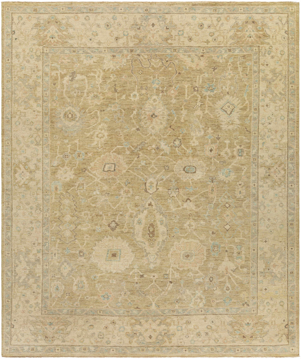 Light Olive Hand Knotted 100% Wool Traditional Rectangle Handmade rug, Indoor use only, has fringe, non-washable.