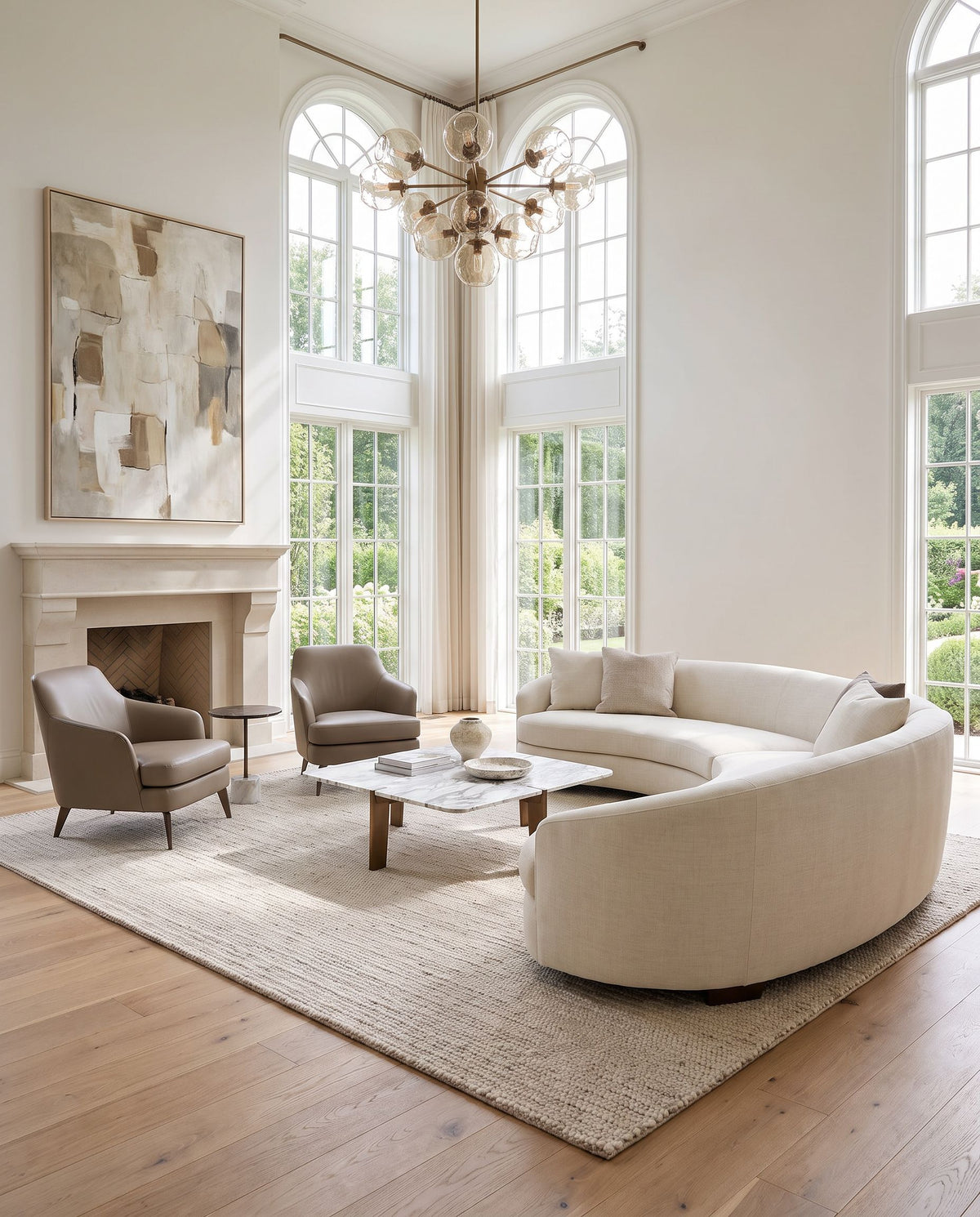 Kindred KDD-3003 Hand Woven Rug as the centerpiece of a bright luxury living room — a hand woven modern area rug in cream tones