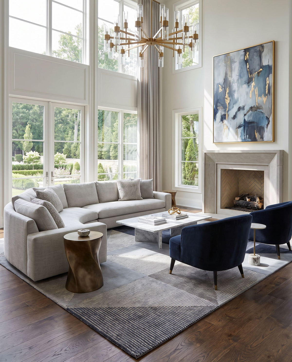 Kennedy KDY-3031 Hand Tufted Rug as the centerpiece of a bright luxury living room — a hand tufted modern area rug in ink blue, medium gray, light beige and charcoal tones