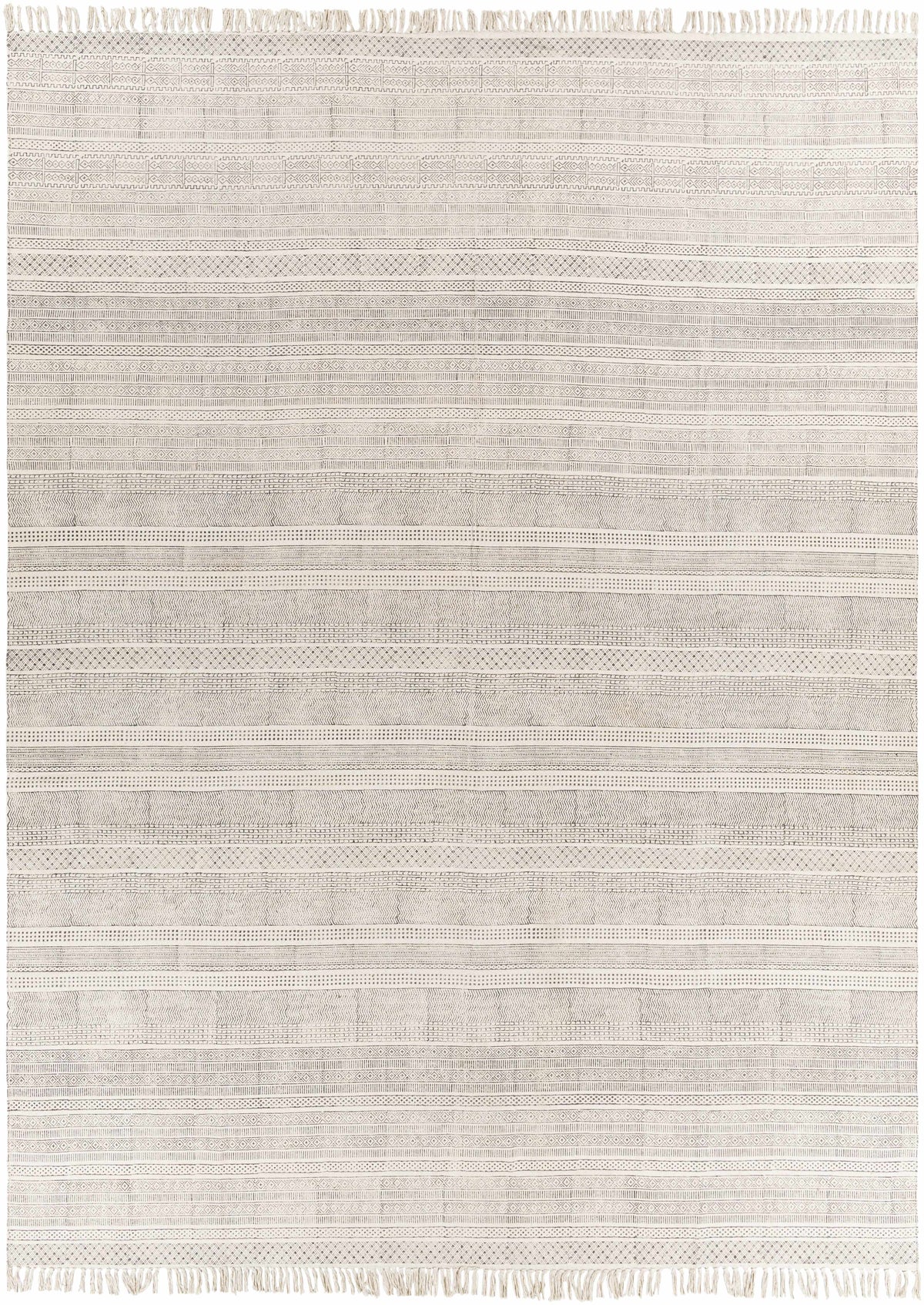 Charcoal Hand Woven 100% Cotton Global Rectangle Handmade rug, Indoor use only, has fringe, non-washable.