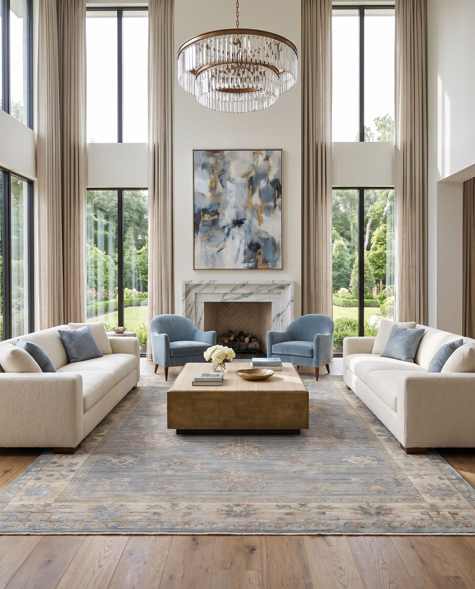 Khotan KHT-2303 Hand Knotted Rug as the centerpiece of a bright luxury living room — a hand knotted traditional area rug in sage, blue, mauve and light beige tones