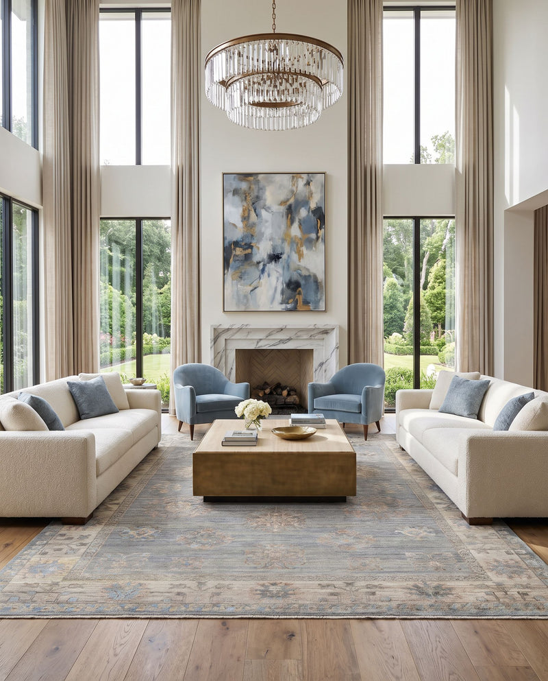 Khotan KHT-2303 Hand Knotted Rug as the centerpiece of a bright luxury living room — a hand knotted traditional area rug in sage, blue, mauve and light beige tones