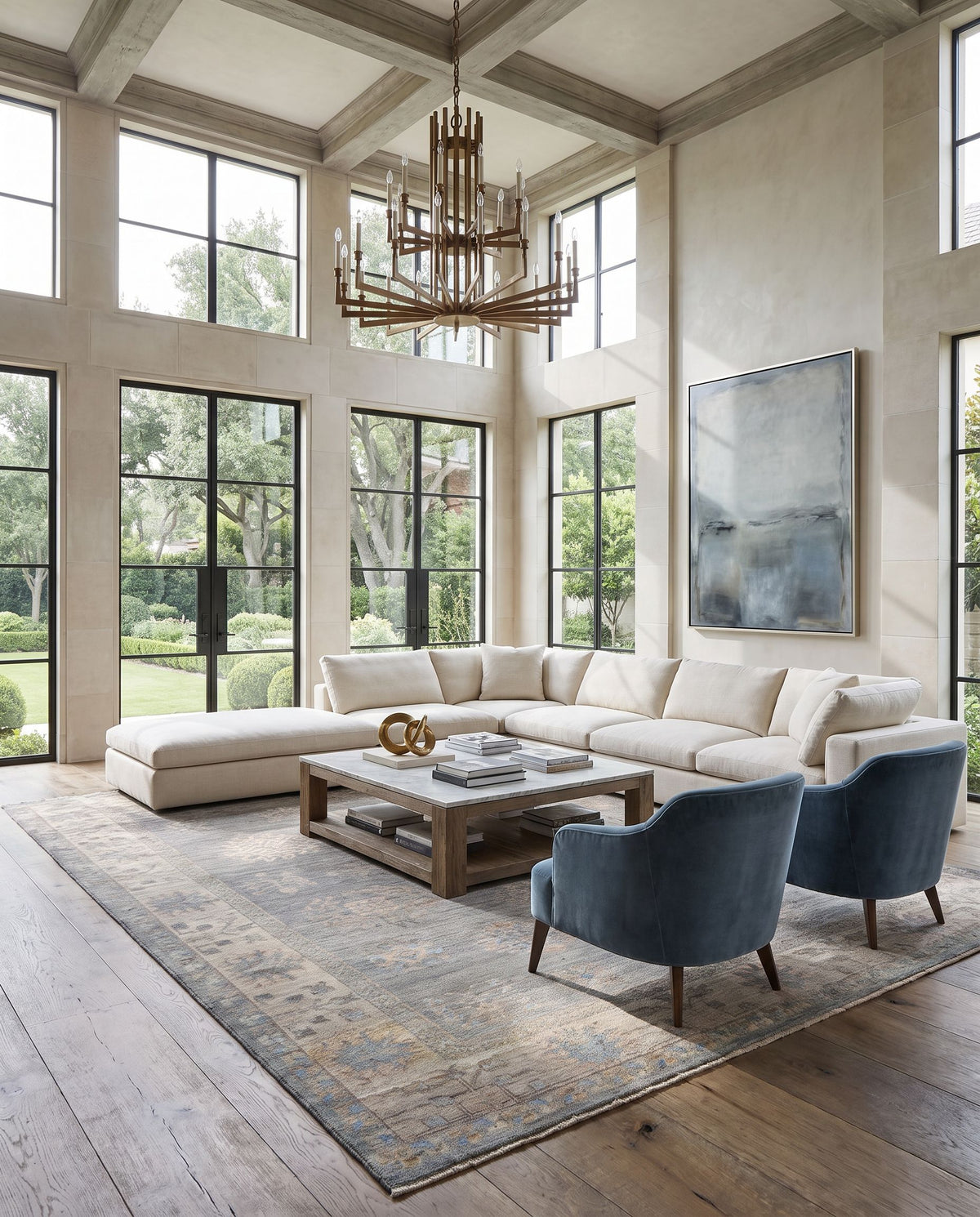 Khotan KHT-2303 Hand Knotted Rug styled in an elegant designer living room — hand knotted traditional area rug in sage, blue, mauve and light beige tones