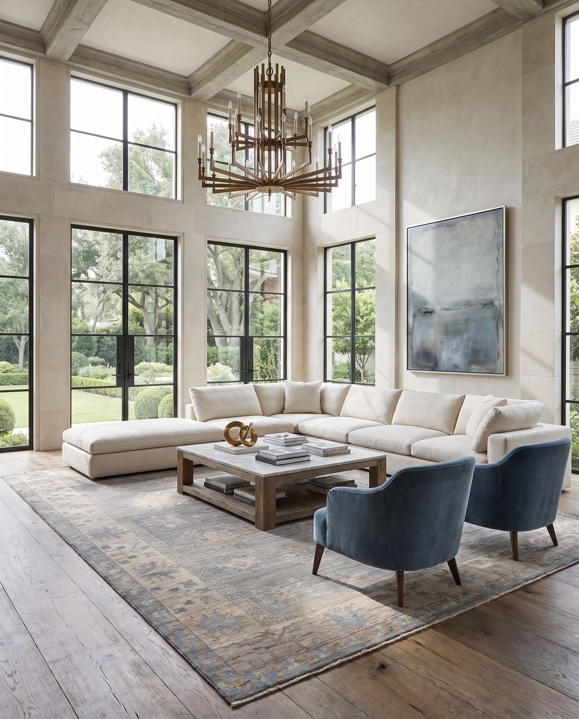 Khotan KHT-2303 Hand Knotted Rug styled in an elegant designer living room — hand knotted traditional area rug in sage, blue, mauve and light beige tones