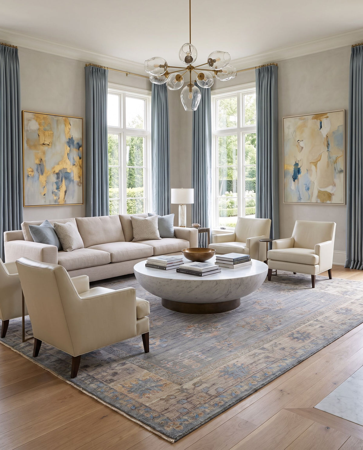 Khotan KHT-2303 Hand Knotted Rug styled in an elegant designer living room — hand knotted traditional area rug in sage, blue, mauve and light beige tones