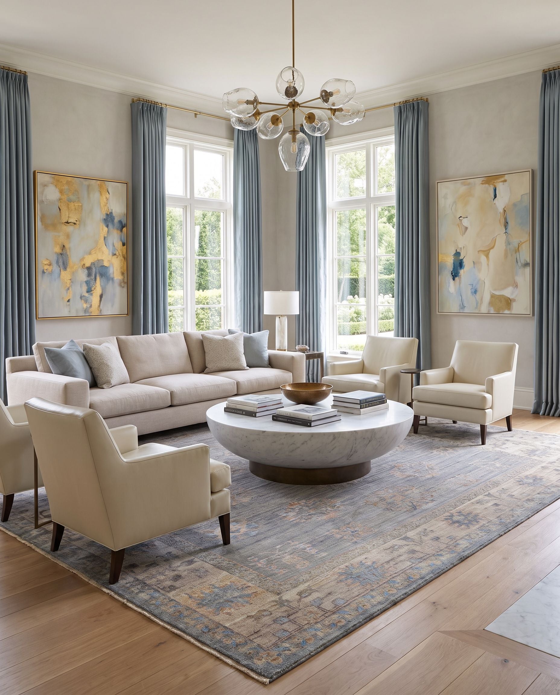 Khotan KHT-2303 Hand Knotted Rug styled in an elegant designer living room — hand knotted traditional area rug in sage, blue, mauve and light beige tones
