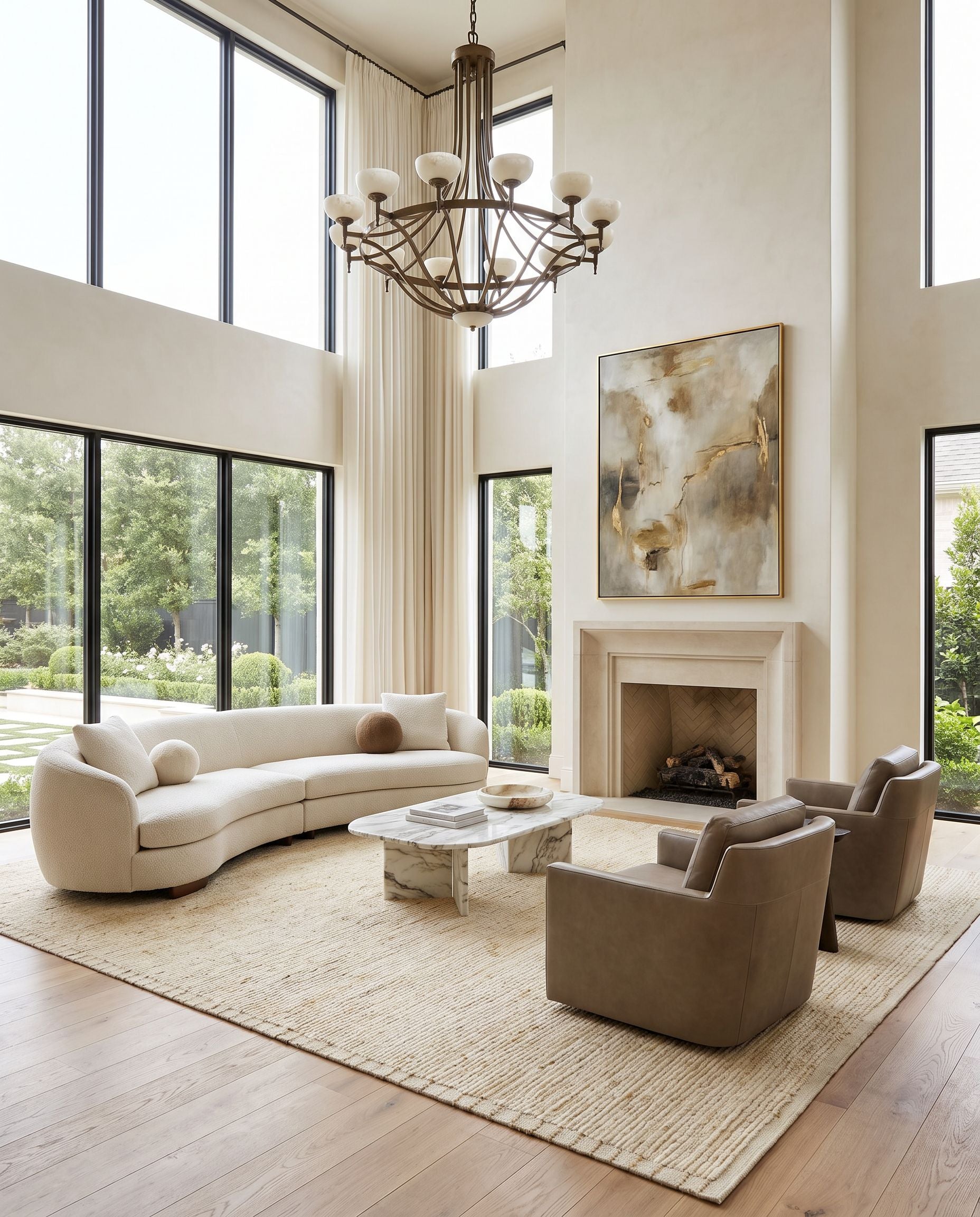 Khyber KHY-2303 Hand Knotted Rug as the centerpiece of a bright luxury living room — a hand knotted global area rug in wheat, beige and dark brown tones