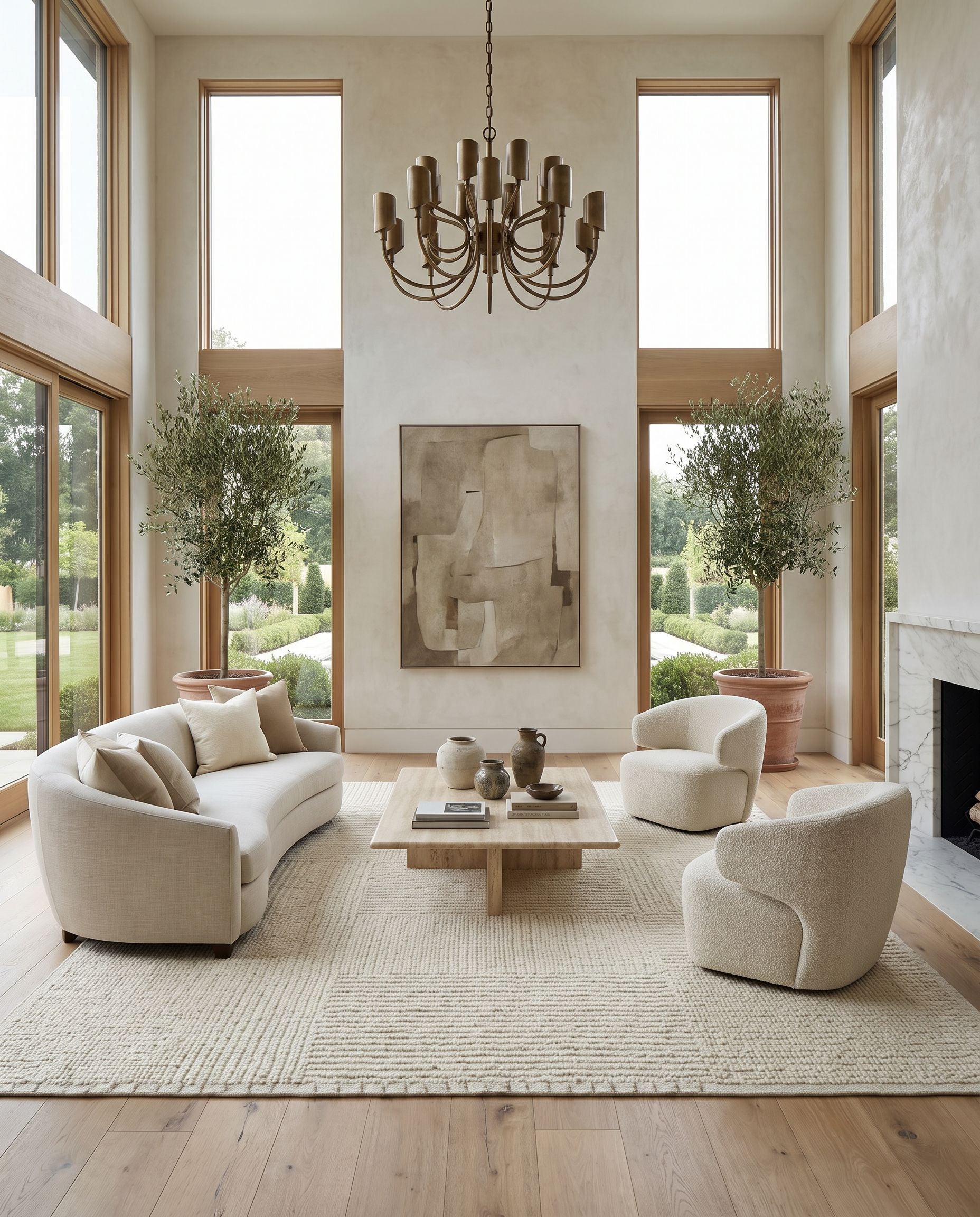 Khyber KHY-2304 Hand Knotted Rug as the centerpiece of a bright luxury living room — a hand knotted global area rug in beige and wheat tones