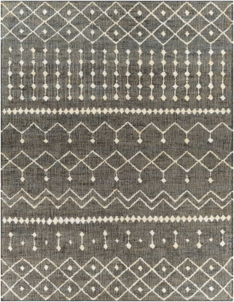 Black Hand Woven 100% Jute Global Rectangle Handmade rug, Indoor use only, no fringe, non-washable.