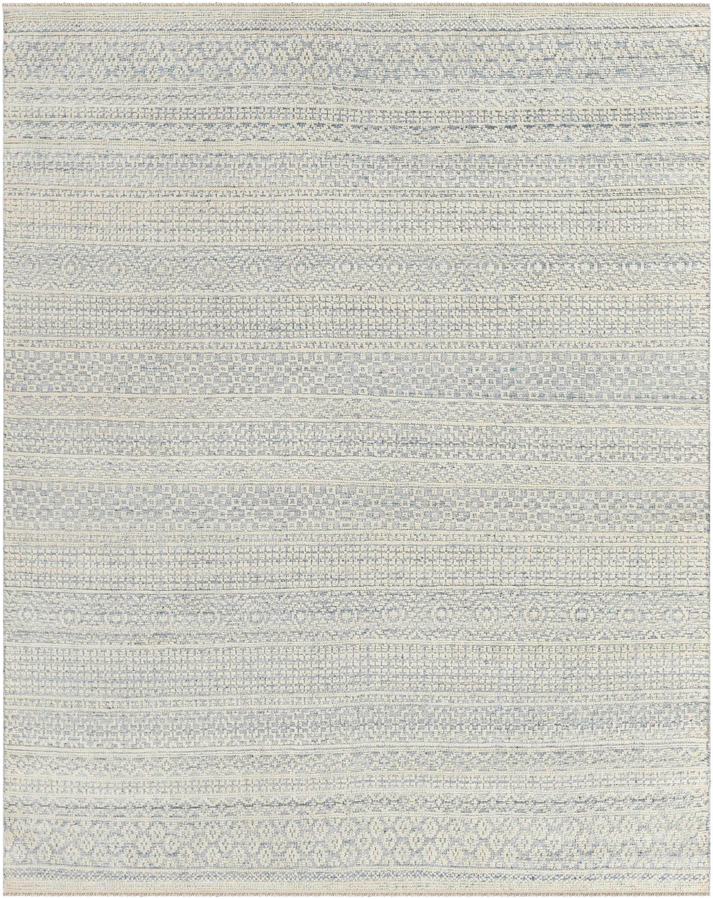 Ice Blue Hand Knotted 20% Polyester, 20% Viscose, 60% Wool Global Rectangle Handmade rug, Indoor use only, has fringe, non-washable.