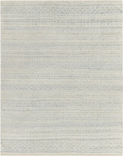 Ice Blue Hand Knotted 20% Polyester, 20% Viscose, 60% Wool Global Rectangle Handmade rug, Indoor use only, has fringe, non-washable.