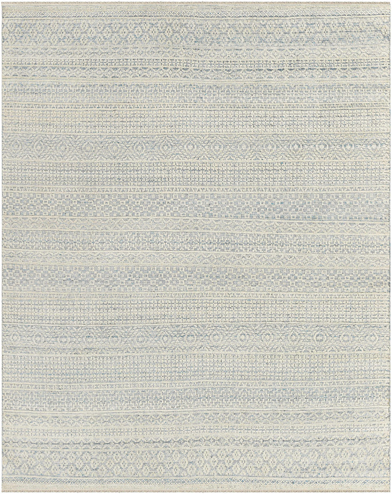 Ice Blue Hand Knotted 20% Polyester, 20% Viscose, 60% Wool Global Rectangle Handmade rug, Indoor use only, has fringe, non-washable.