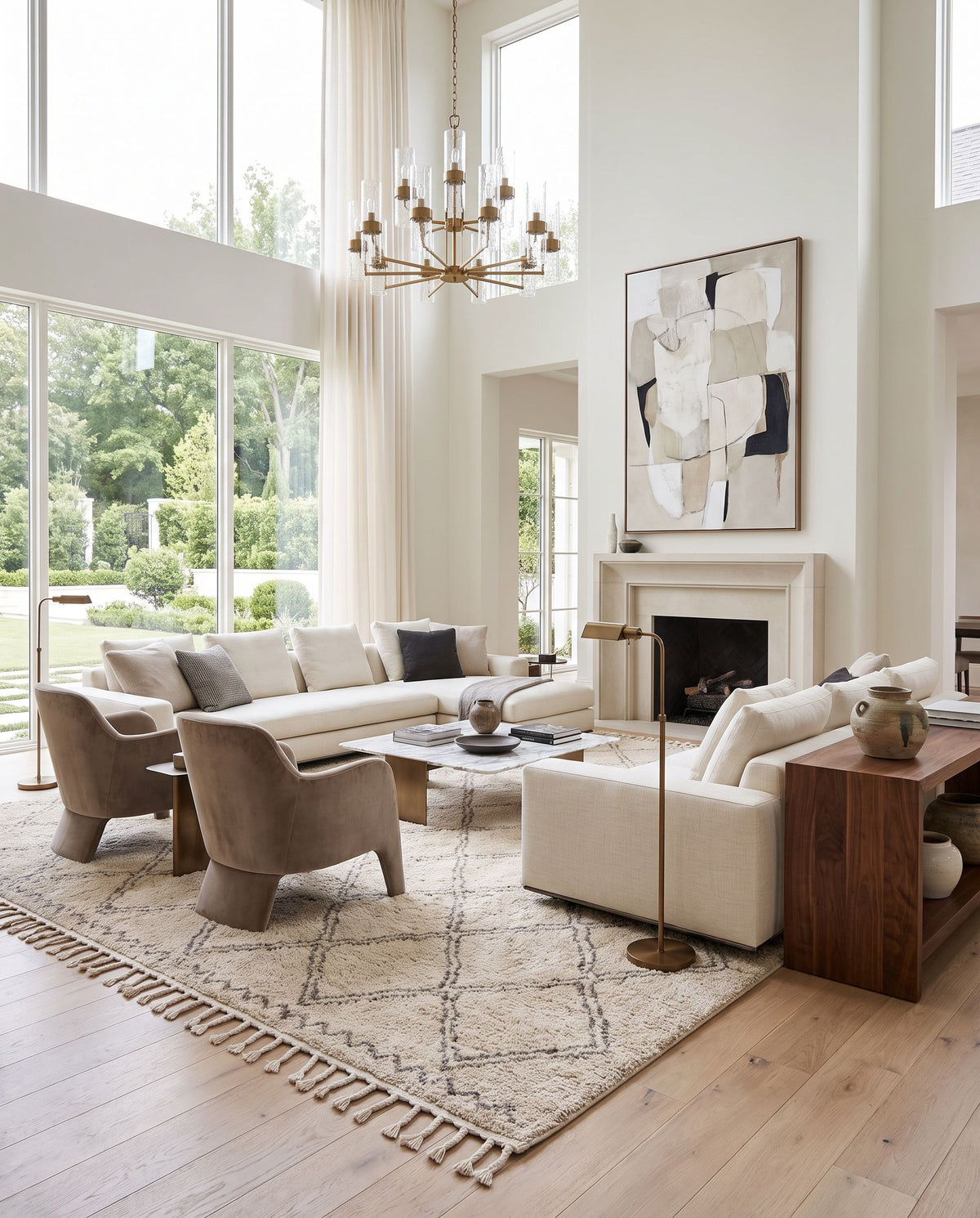Khemisset KMS-2304 Hand Woven Rug as the centerpiece of a bright luxury living room — a hand woven global area rug in gray and cream tones