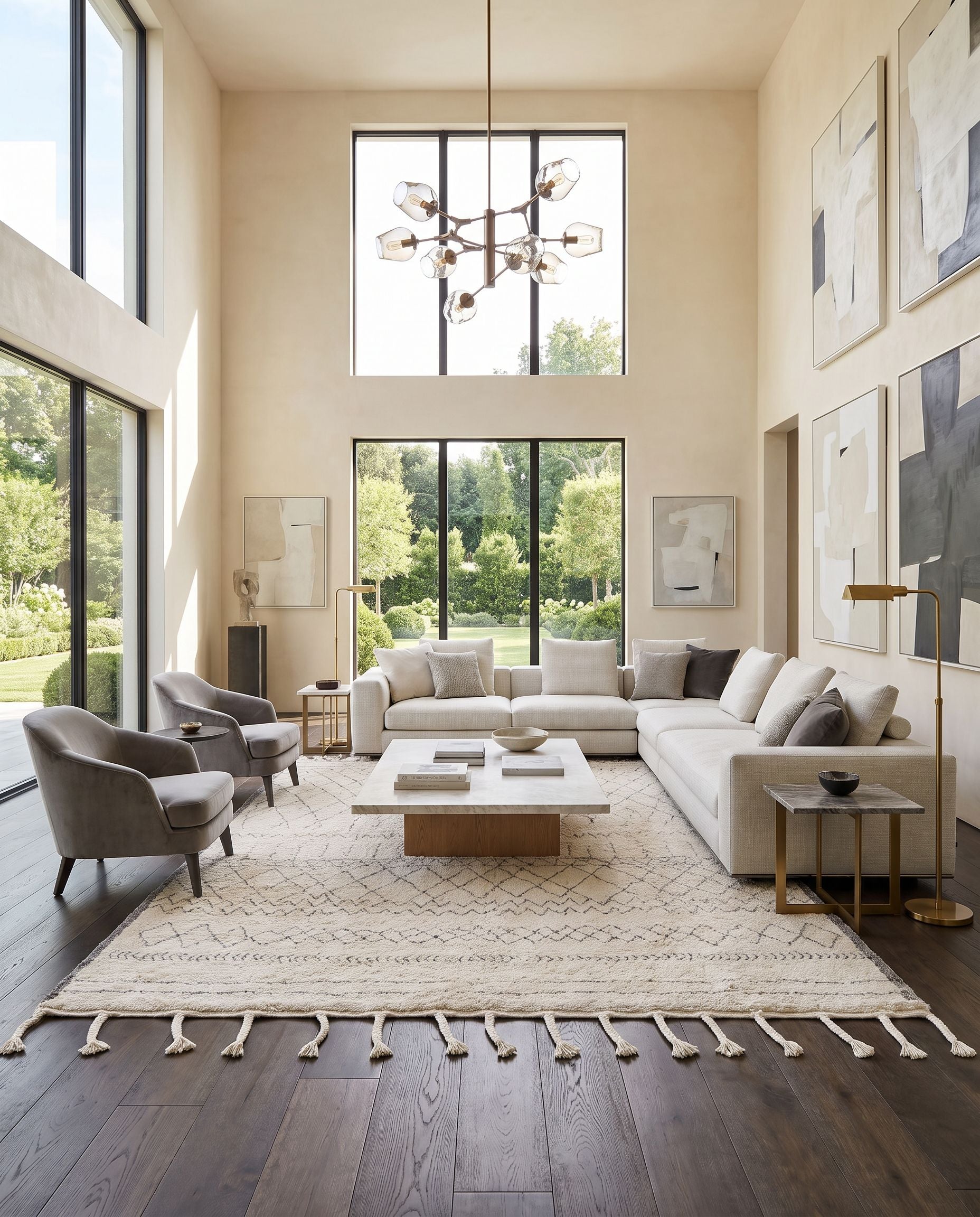 Khemisset KMS-2306 Hand Woven Rug as the centerpiece of a bright luxury living room — a hand woven global area rug in gray and cream tones