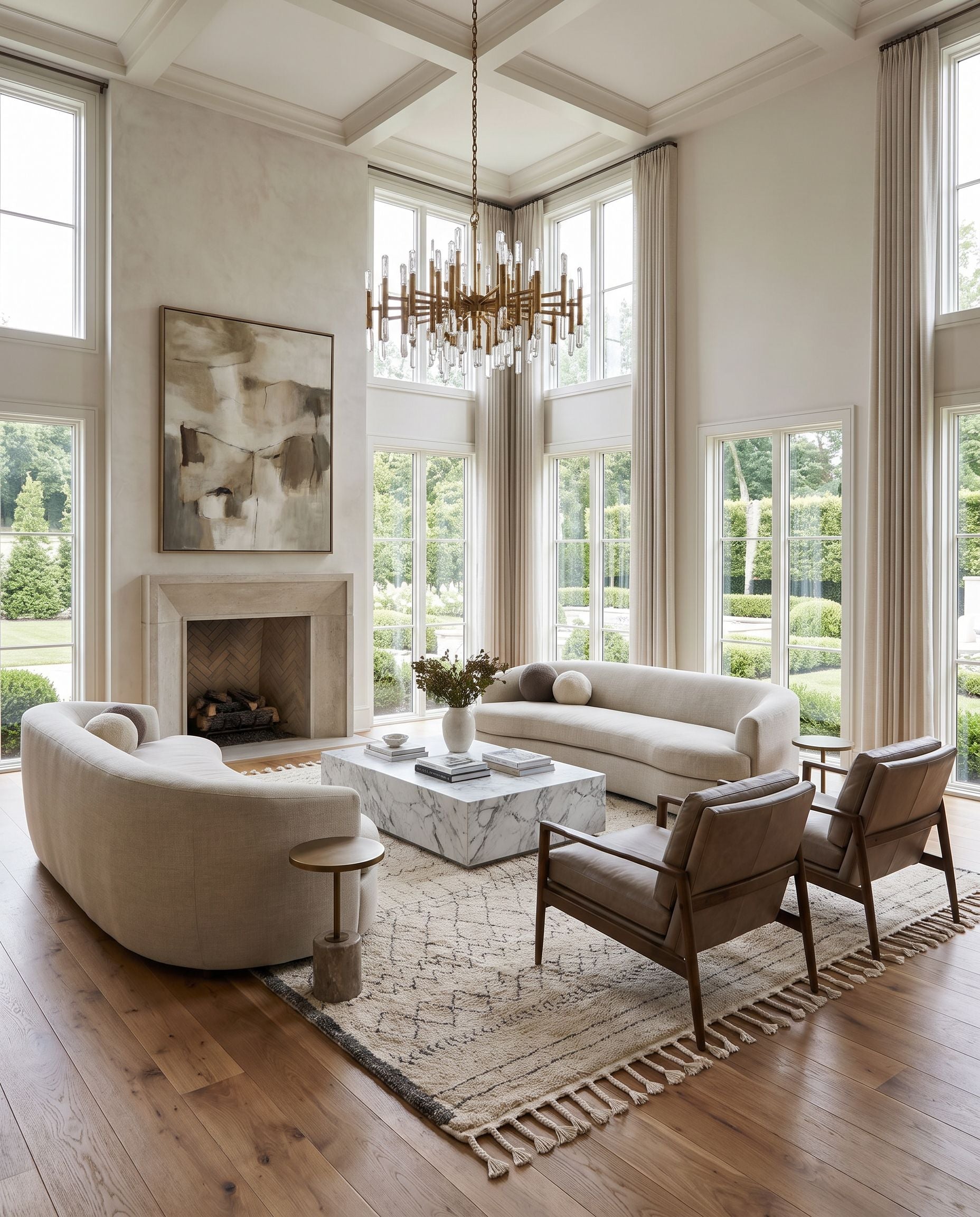Khemisset KMS-2307 Hand Woven Rug as the centerpiece of a bright luxury living room — a hand woven global area rug in gray and cream tones