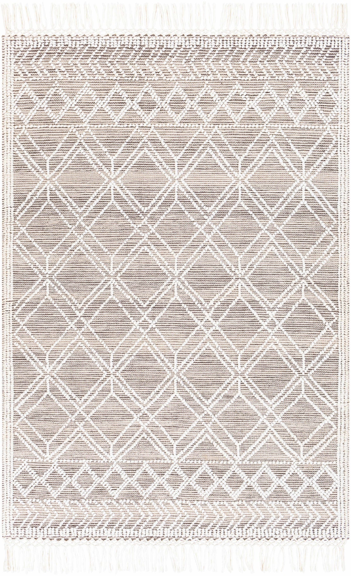 White Hand Woven 100% Recycled PET Yarn Global Rectangle Handmade rug, Indoor use only, has fringe, non-washable.