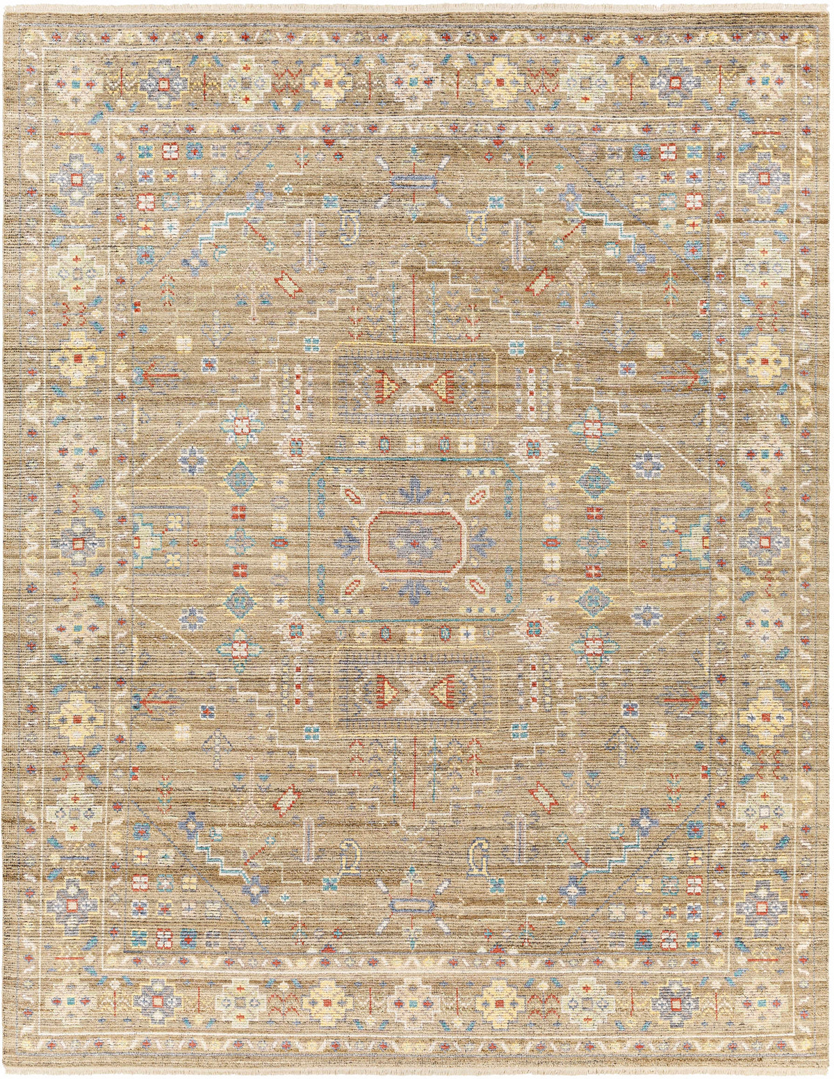 Light Brown Hand Knotted 70% Viscose, 30% Wool Traditional Rectangle Handmade rug, Indoor use only, has fringe, non-washable.