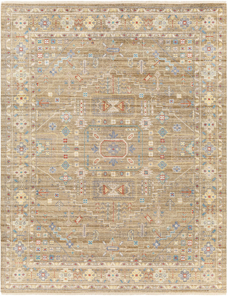 Light Brown Hand Knotted 70% Viscose, 30% Wool Traditional Rectangle Handmade rug, Indoor use only, has fringe, non-washable.