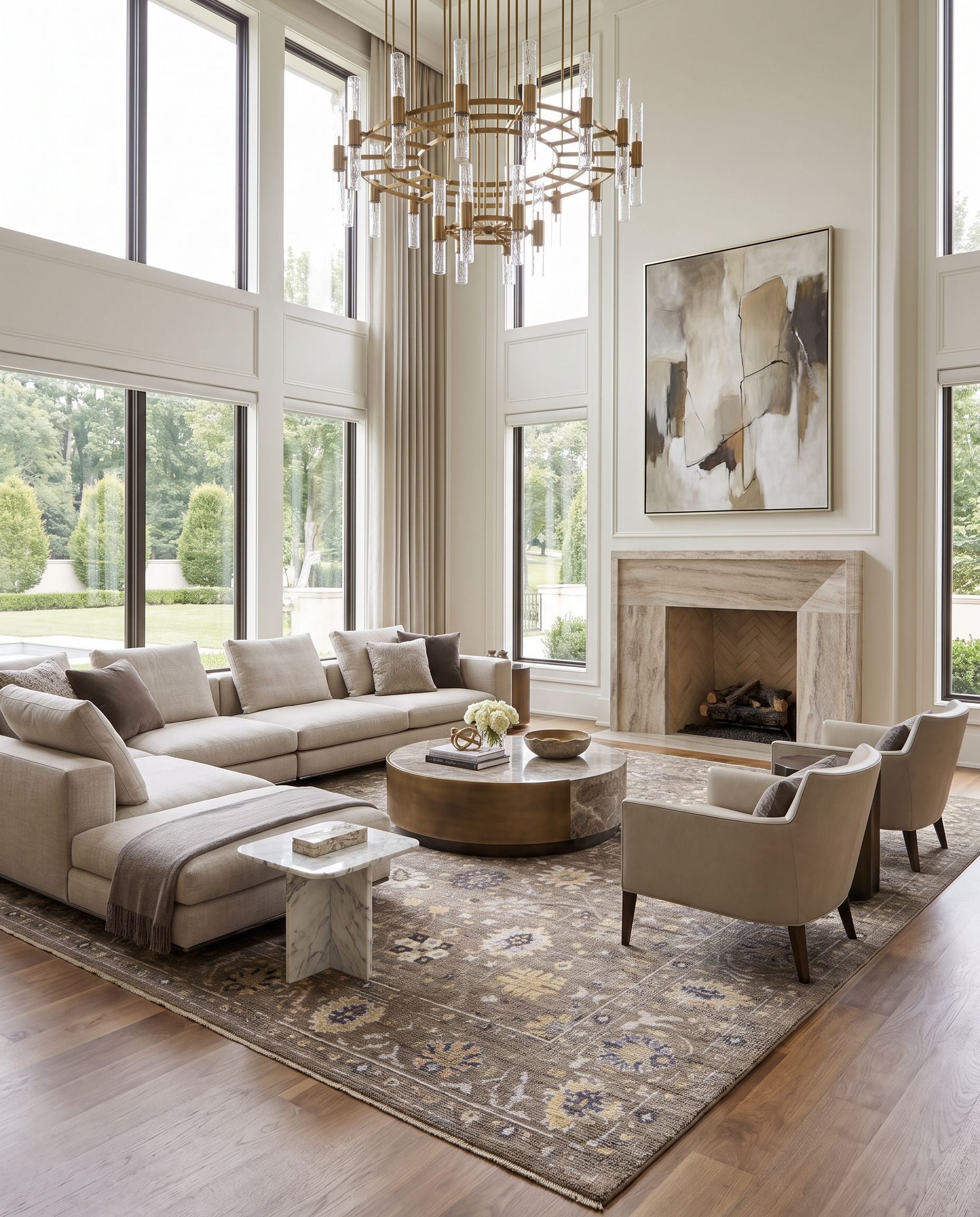 Kushal KUS-2305 Hand Knotted Rug styled in an elegant designer living room — hand knotted traditional area rug in charcoal, pale blue, wheat and dusty coral tones