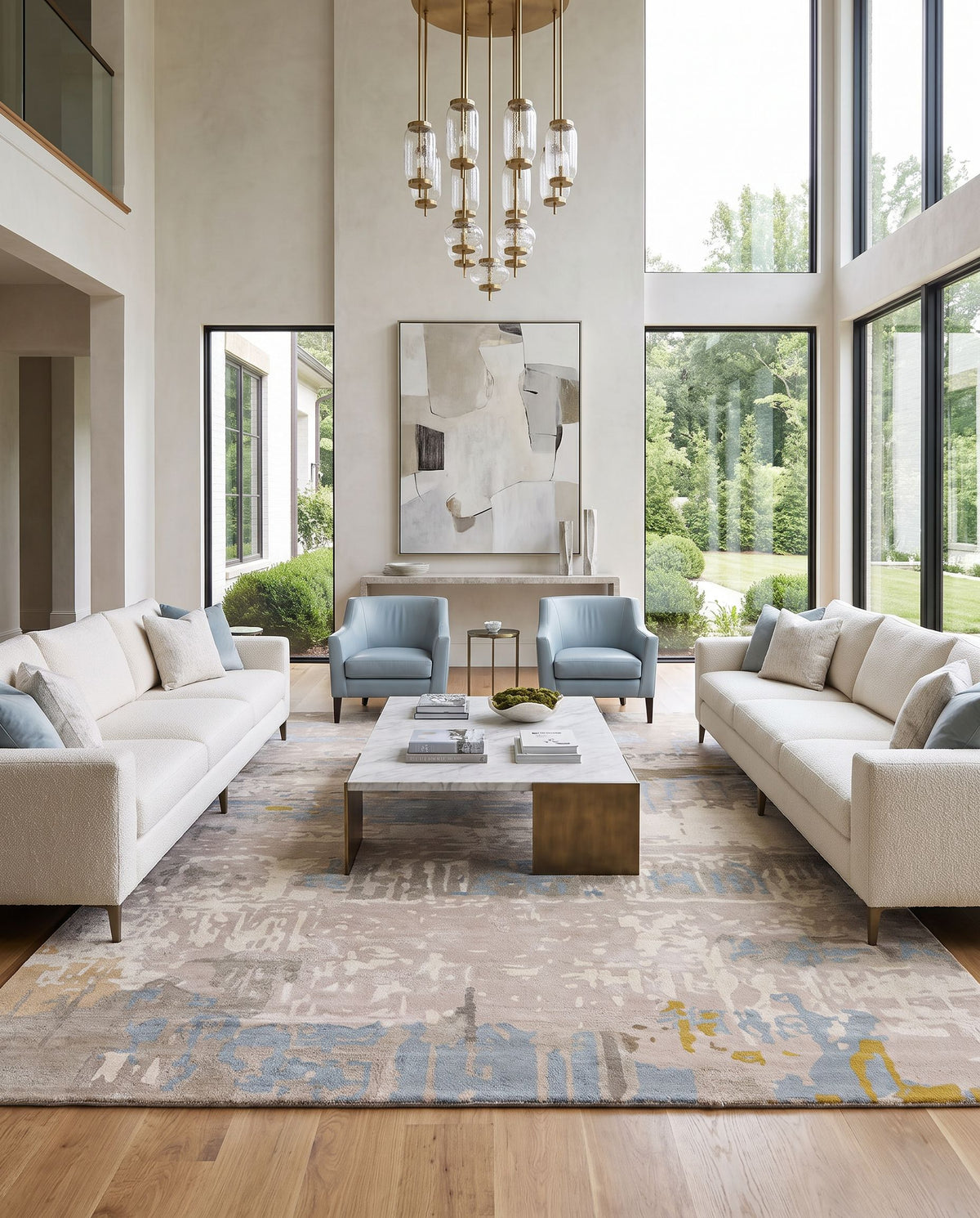 Kavita KVT-2307 Hand Tufted Rug as the centerpiece of a bright luxury living room — a hand tufted modern area rug in light beige, gray, dark brown and mustard tones