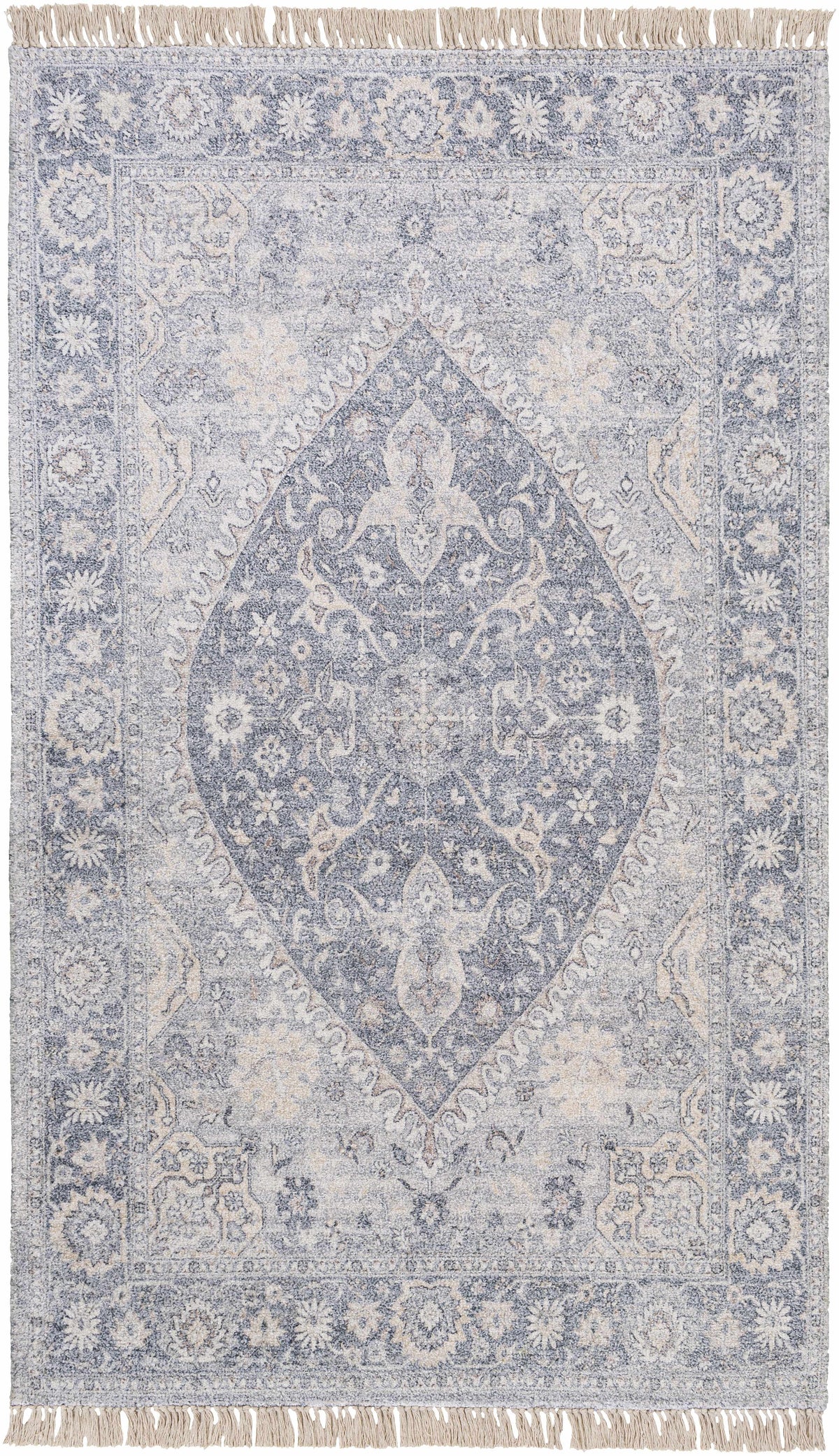 Light Gray Hand Woven 40% Viscose, 35% Polyester, 25% Cotton Traditional Rectangle Handmade rug, Indoor use only, has fringe, non-washable.