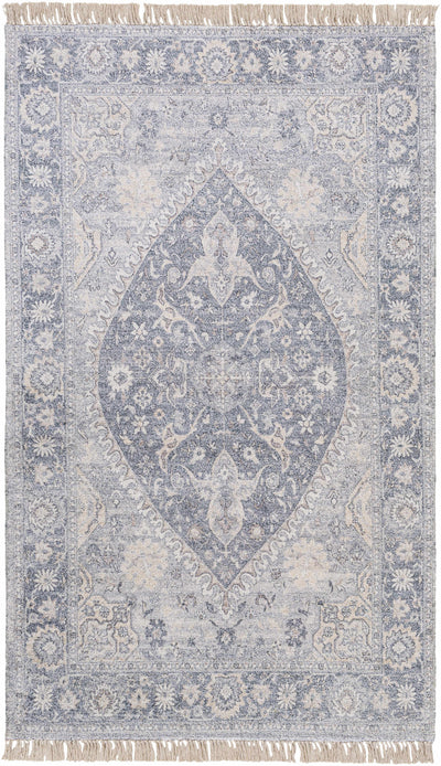 Light Gray Hand Woven 40% Viscose, 35% Polyester, 25% Cotton Traditional Rectangle Handmade rug, Indoor use only, has fringe, non-washable.