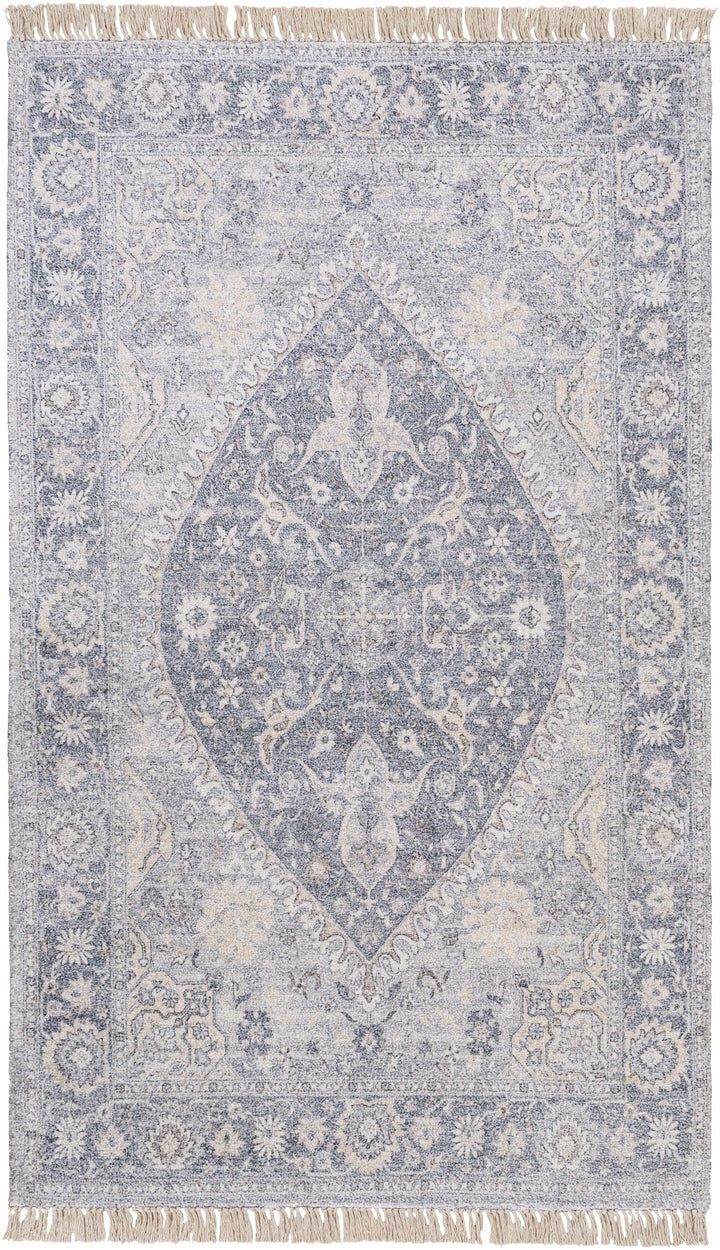 Light Gray Hand Woven 40% Viscose, 35% Polyester, 25% Cotton Traditional Rectangle Handmade rug, Indoor use only, has fringe, non-washable.