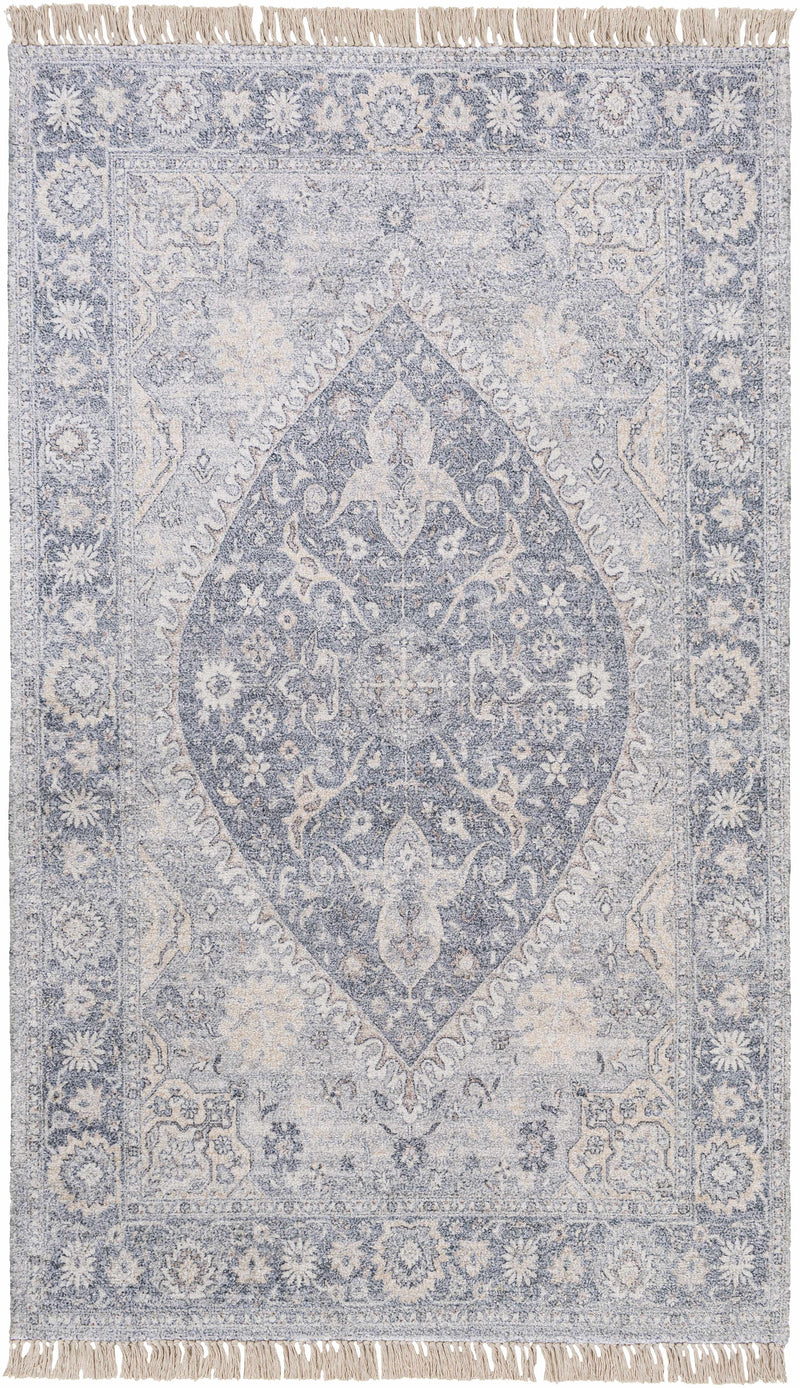 Light Gray Hand Woven 40% Viscose, 35% Polyester, 25% Cotton Traditional Rectangle Handmade rug, Indoor use only, has fringe, non-washable.