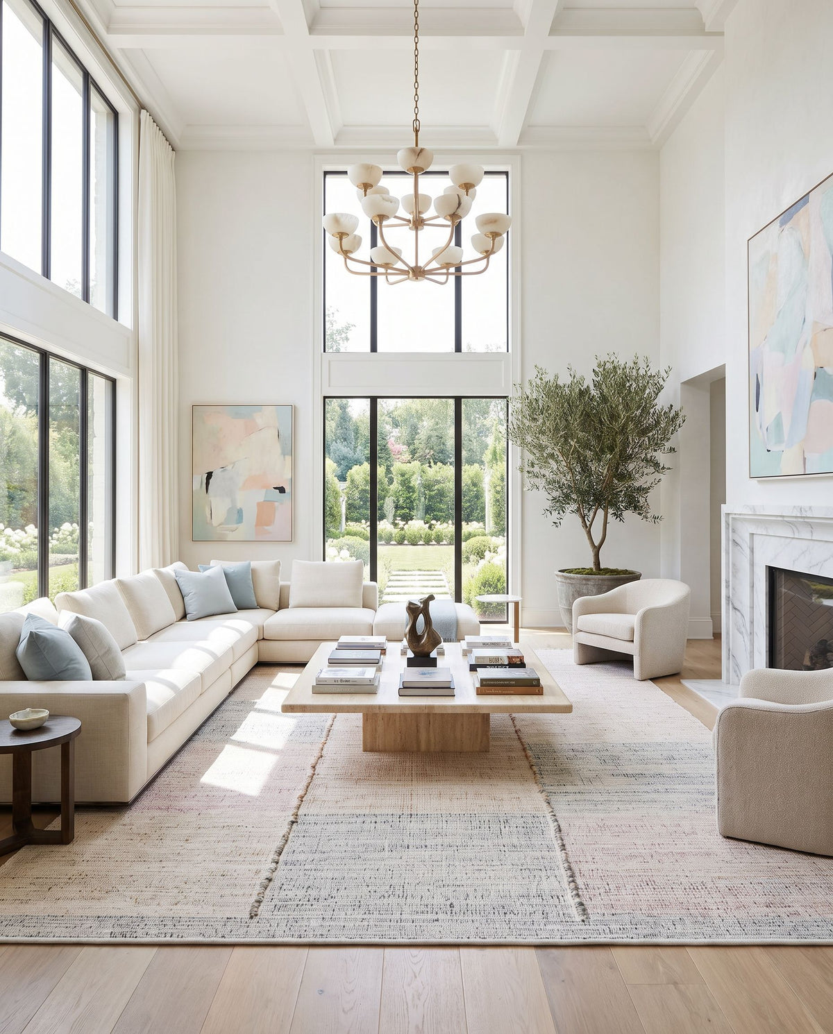 Leipzig LEP-2300 Hand Woven Rug as the centerpiece of a bright luxury living room — a hand woven modern area rug in ivory, blush, slate gray and sandstone tones