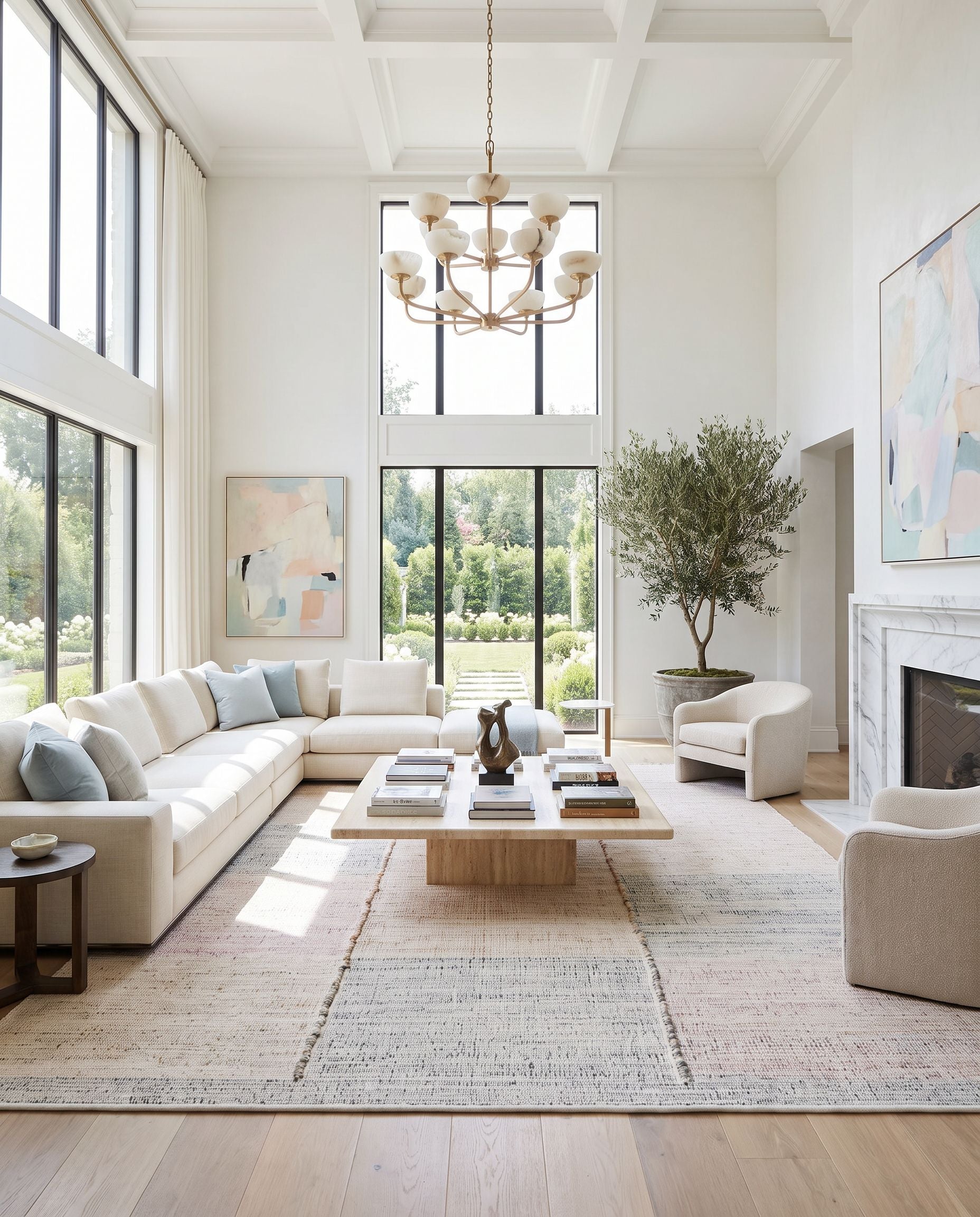 Leipzig LEP-2300 Hand Woven Rug as the centerpiece of a bright luxury living room — a hand woven modern area rug in ivory, blush, slate gray and sandstone tones