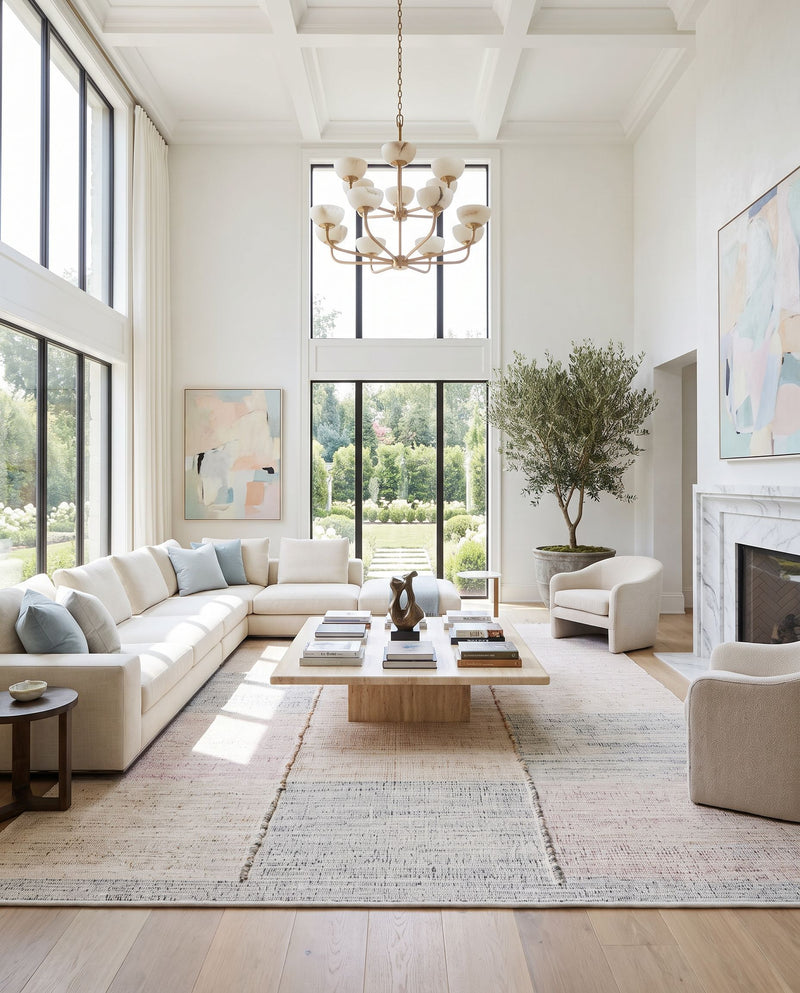 Leipzig LEP-2300 Hand Woven Rug as the centerpiece of a bright luxury living room — a hand woven modern area rug in ivory, blush, slate gray and sandstone tones