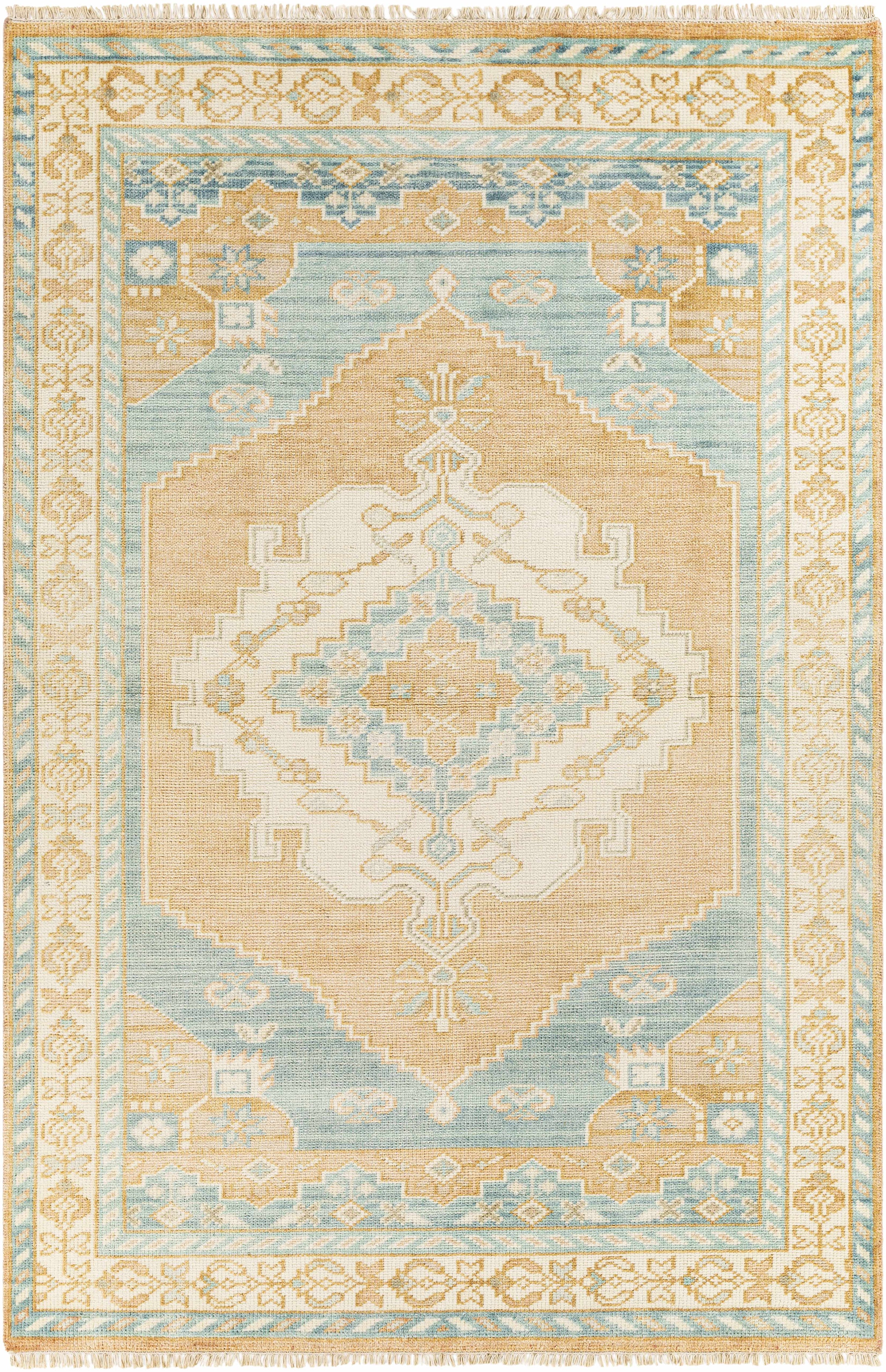 Camel Hand Knotted 70% Wool, 30% Viscose Traditional Rectangle Handmade rug, Indoor use only, has fringe, non-washable.