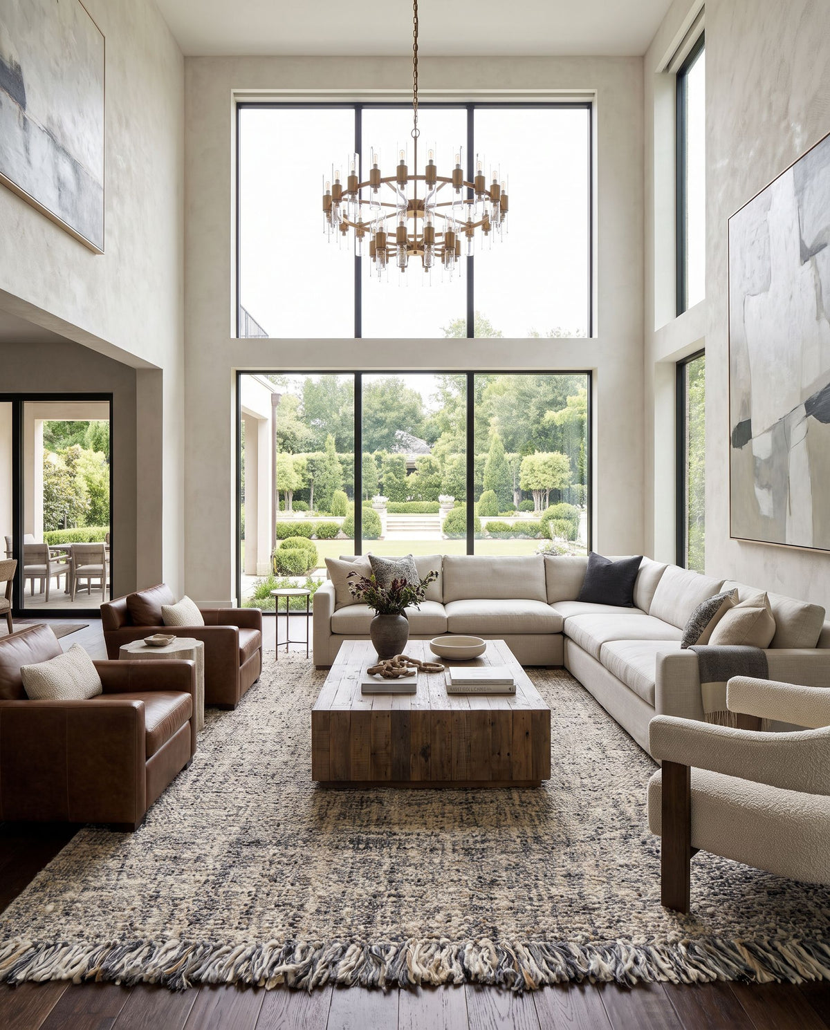 Linden LID-1002 Hand Woven Rug as the centerpiece of a bright luxury living room — a hand woven cottage area rug in gray, black, tan and light beige tones