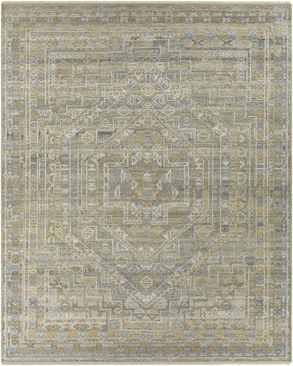 Tan Hand Knotted 60% Wool, 40% Viscose Traditional Rectangle Handmade rug, Indoor use only, has fringe, non-washable.
