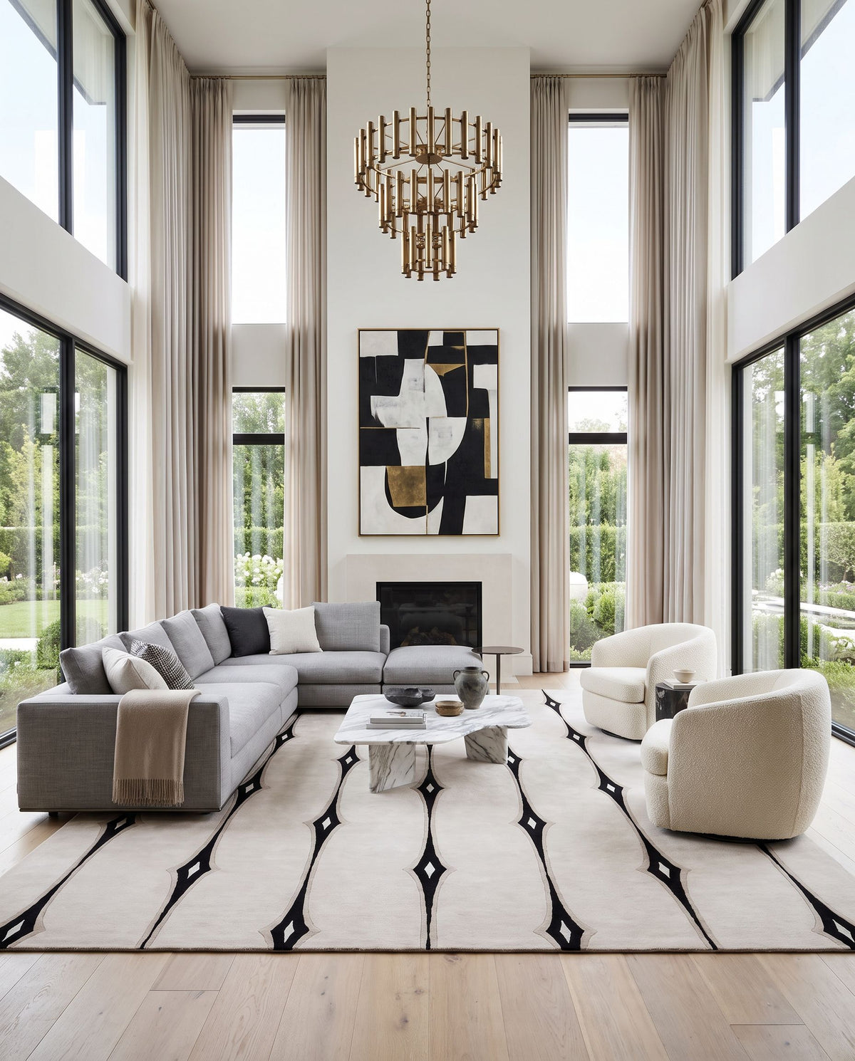 Luminous LMN-3002 Hand Knotted Rug as the centerpiece of a bright luxury living room — a hand knotted modern area rug in light beige, black, beige and taupe tones