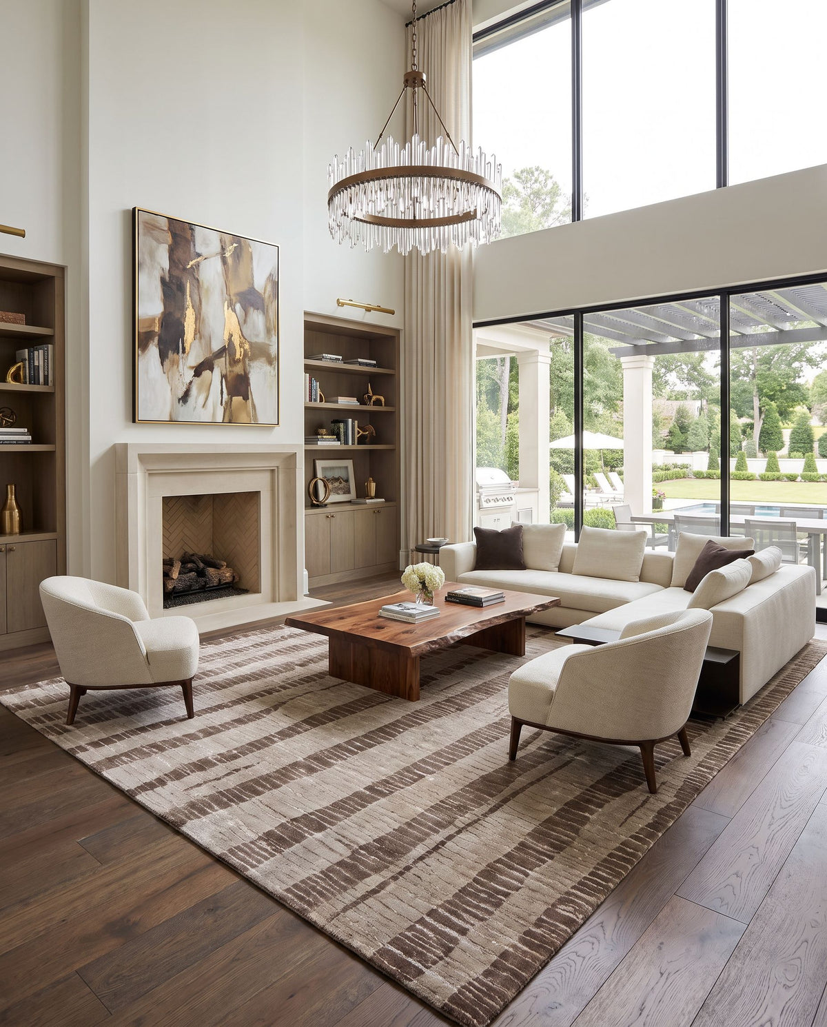 Luminous LMN-3023 Hand Knotted Rug as the centerpiece of a bright luxury living room — a hand knotted modern area rug in dark brown, taupe and light beige tones