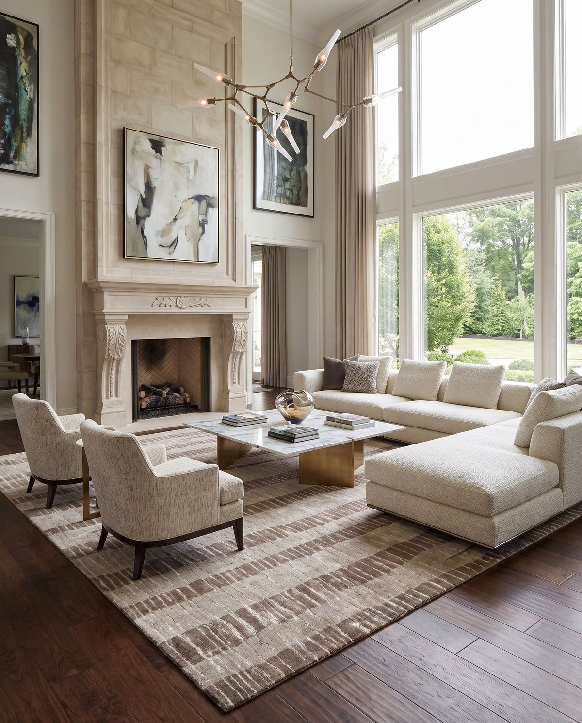 Luminous LMN-3023 Hand Knotted Rug styled in an elegant designer living room — hand knotted modern area rug in dark brown, taupe and light beige tones