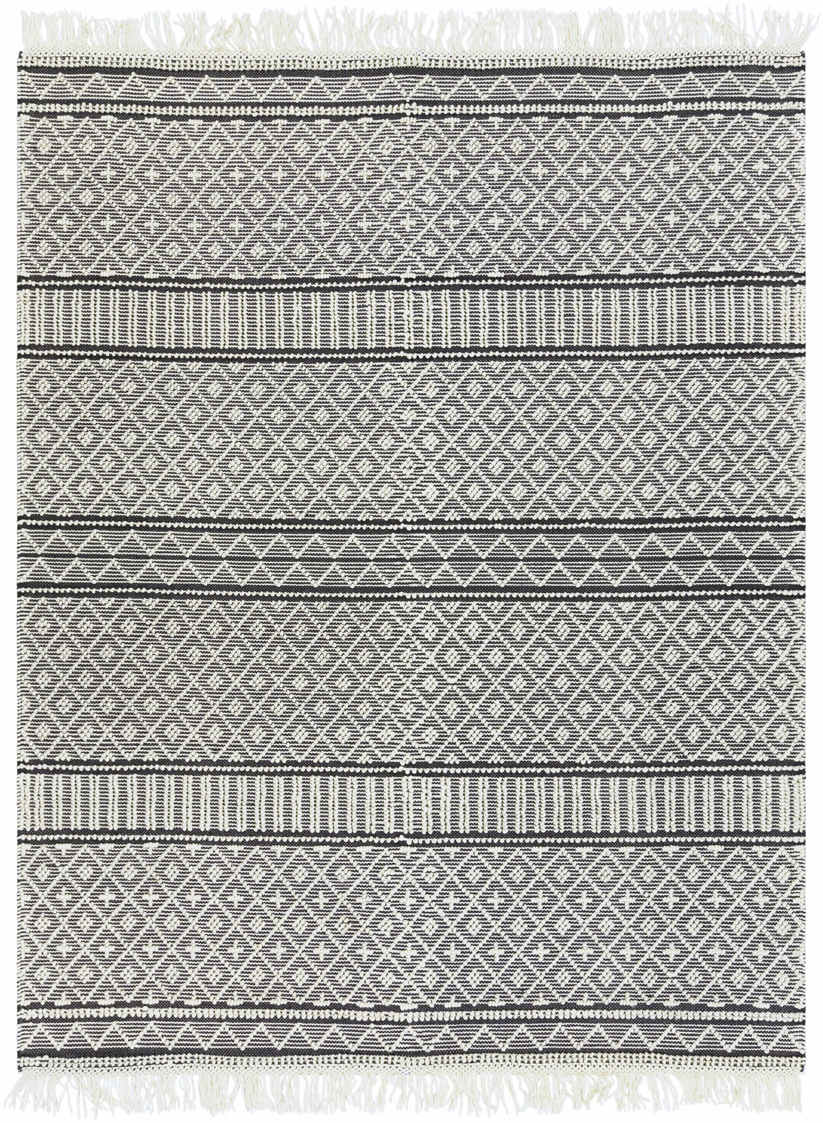 Black Hand Woven 60% Wool, 40% Cotton Cottage Rectangle Handmade rug, Indoor use only, has fringe, non-washable. runner also available