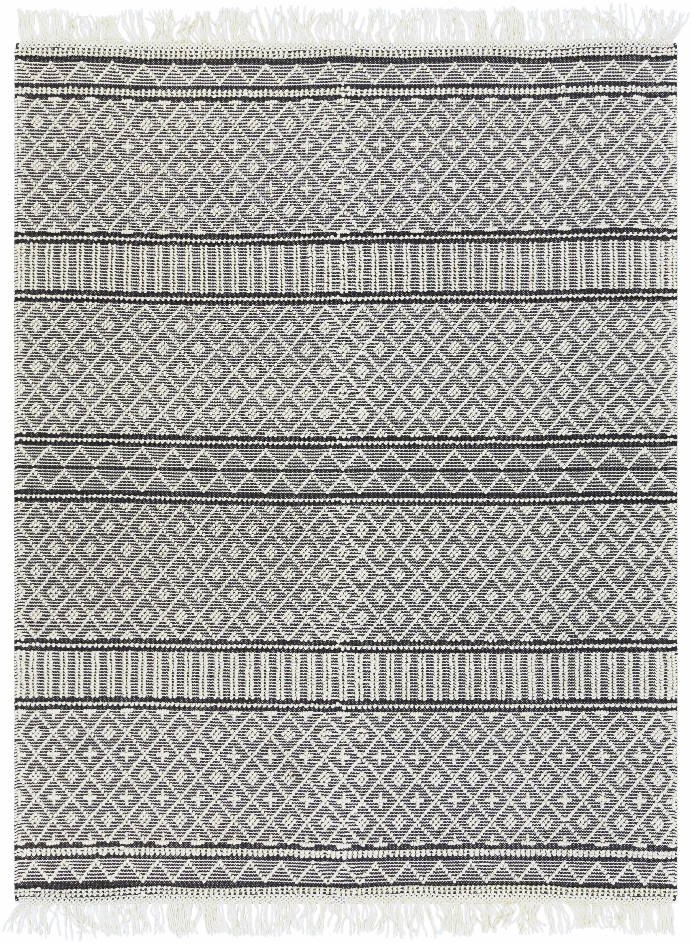 Black Hand Woven 60% Wool, 40% Cotton Cottage Rectangle Handmade rug, Indoor use only, has fringe, non-washable. runner also available