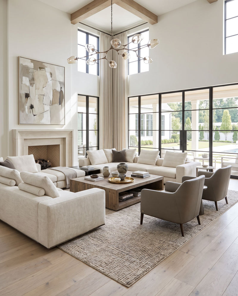 Lora LOR-2302 Hand Knotted Rug as the centerpiece of a bright luxury living room — a hand knotted modern area rug in gray and oatmeal tones