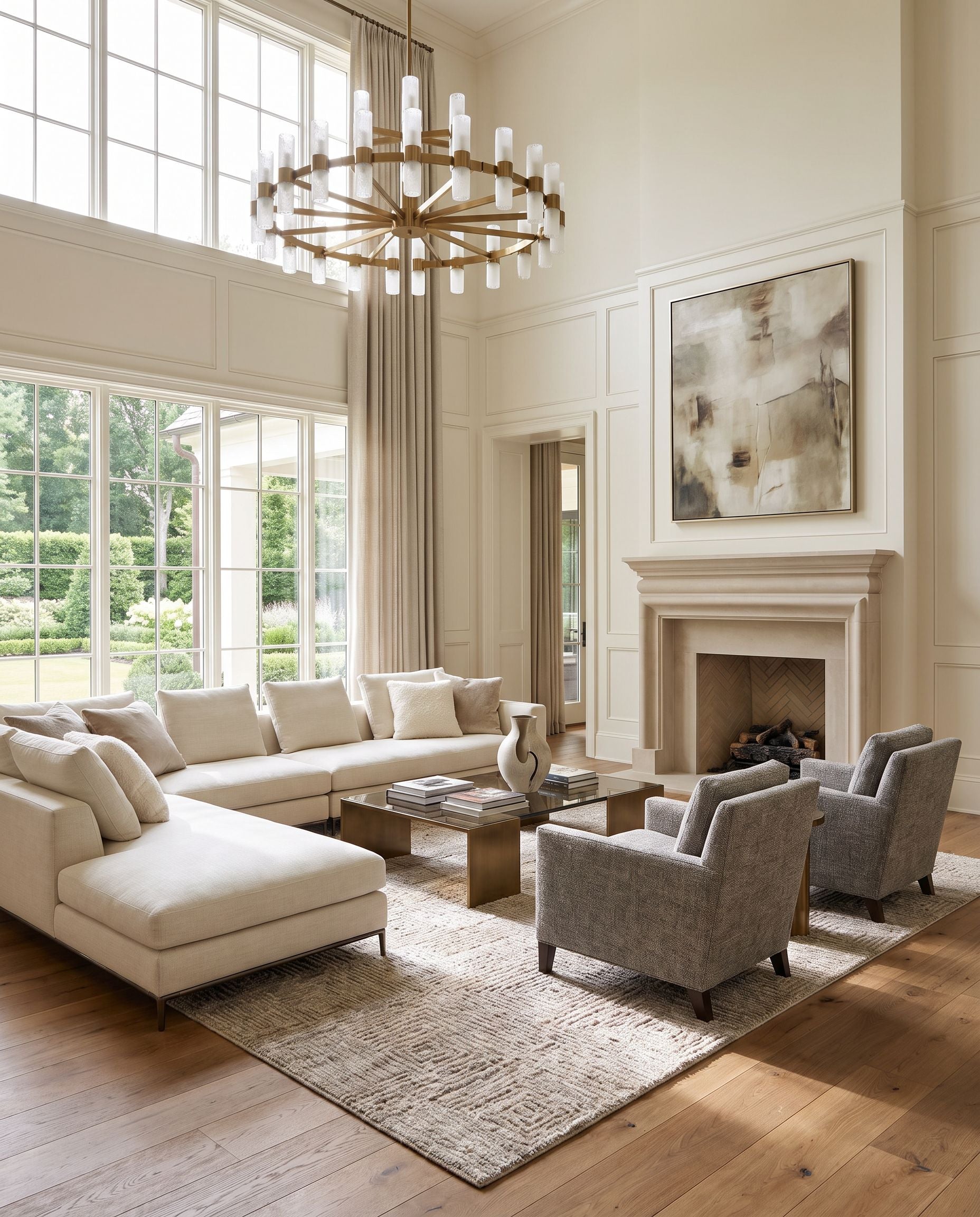 Lora LOR-2302 Hand Knotted Rug styled in an elegant designer living room — hand knotted modern area rug in gray and oatmeal tones