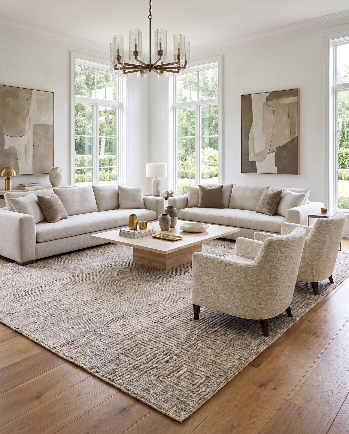 Lora LOR-2302 Hand Knotted Rug styled in an elegant designer living room — hand knotted modern area rug in gray and oatmeal tones