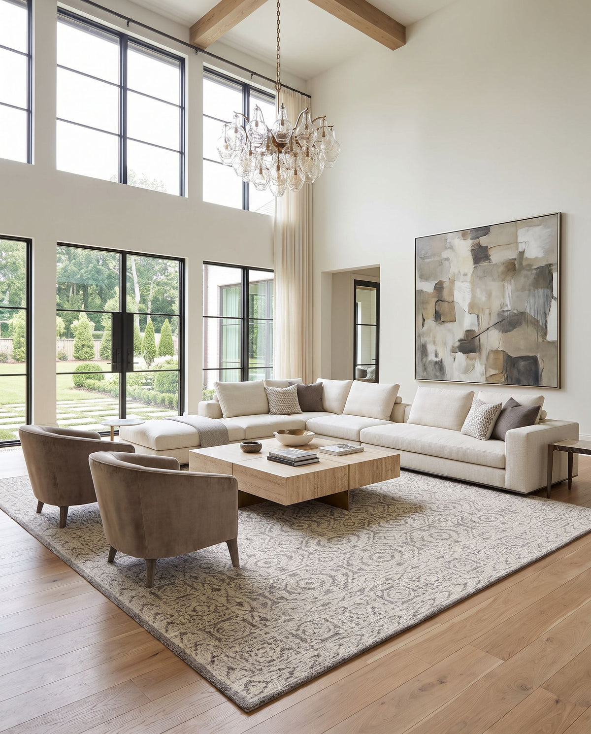 Louvre LOU-2309 Hand Tufted Rug as the centerpiece of a bright luxury living room — a hand tufted traditional area rug in bone tones